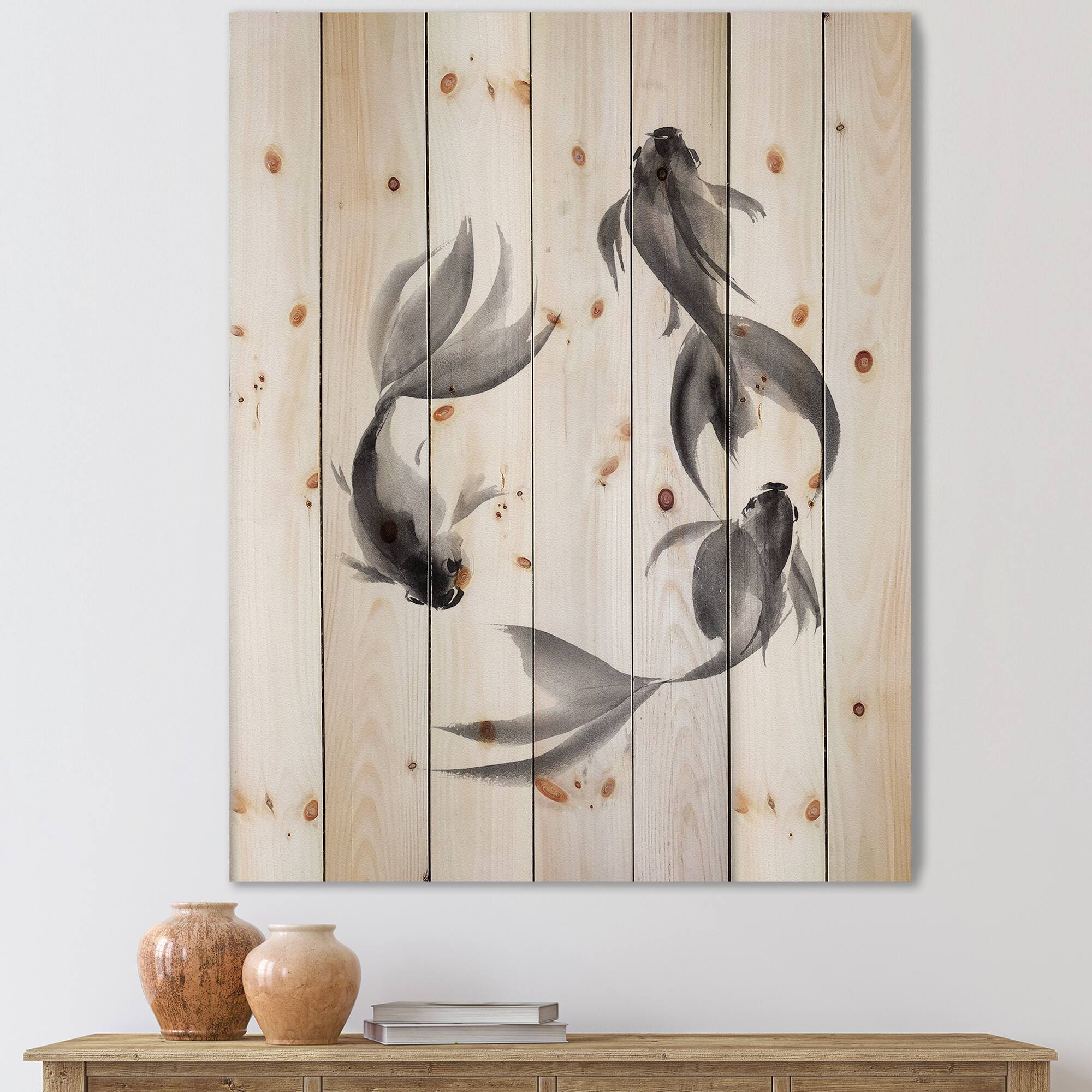 Designart - Monochrome Vintage Fish III - Nautical & Coastal Print on Natural Pine Wood