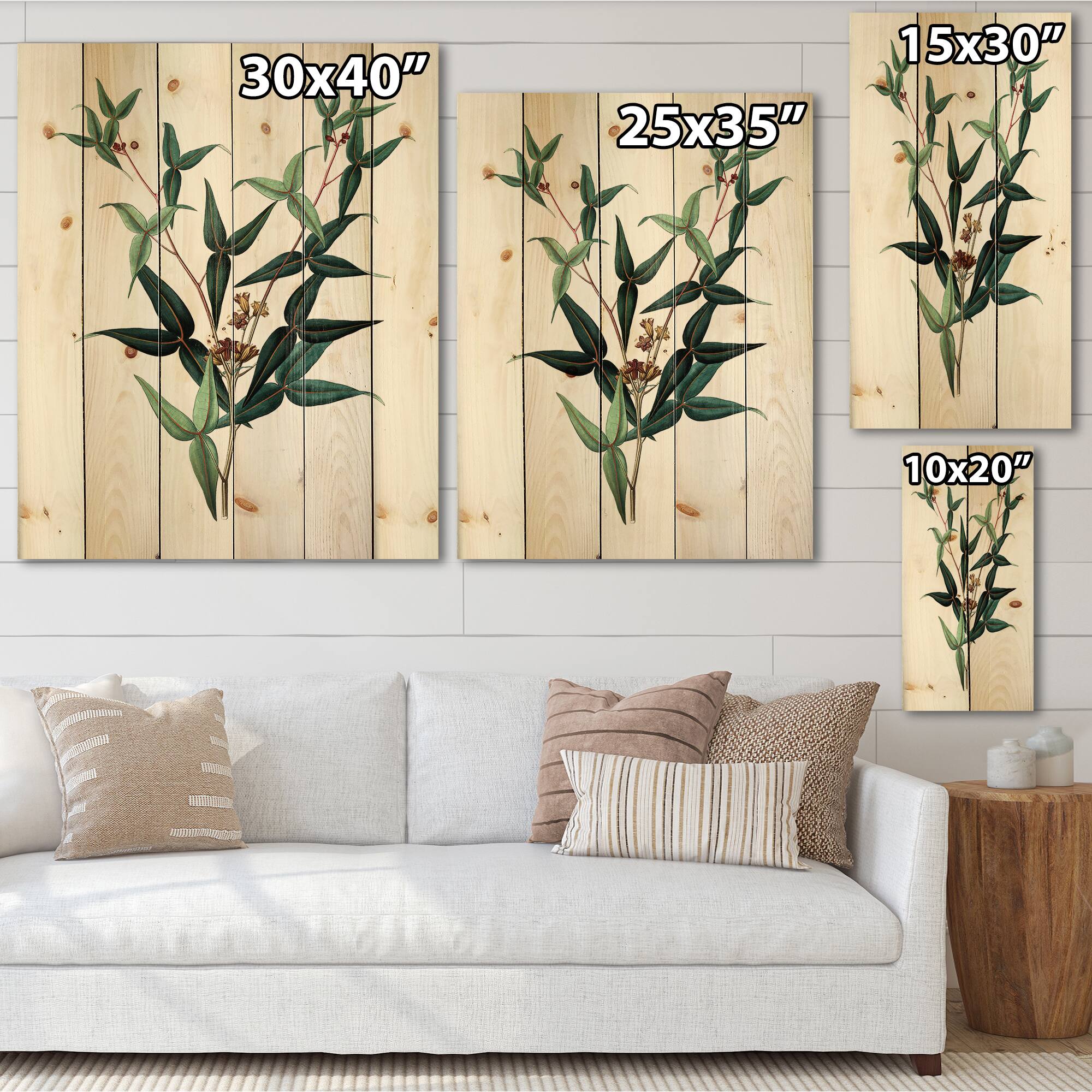 Designart - Vintage Green Leaves Plants VIII - Traditional Print on Natural Pine Wood