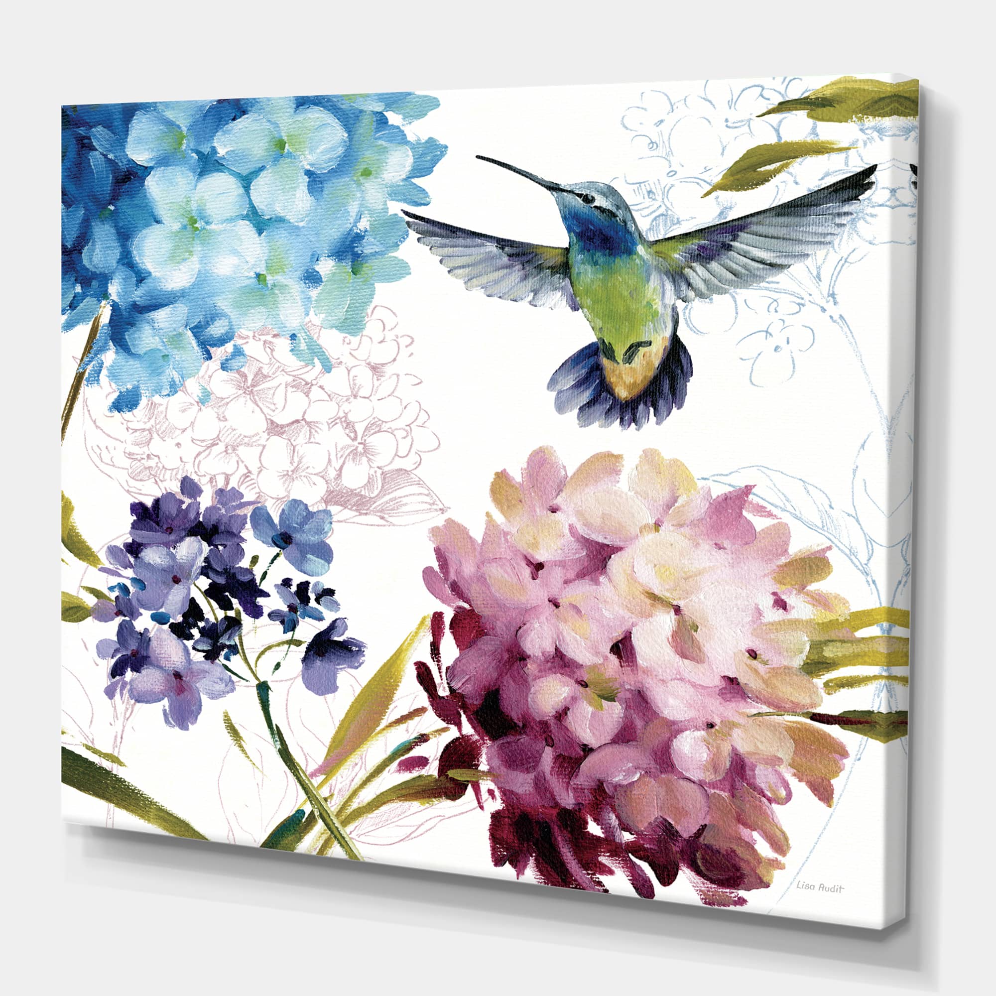 Designart - Humming bird Blue Cottage Flower - Farmhouse Canvas Artwork