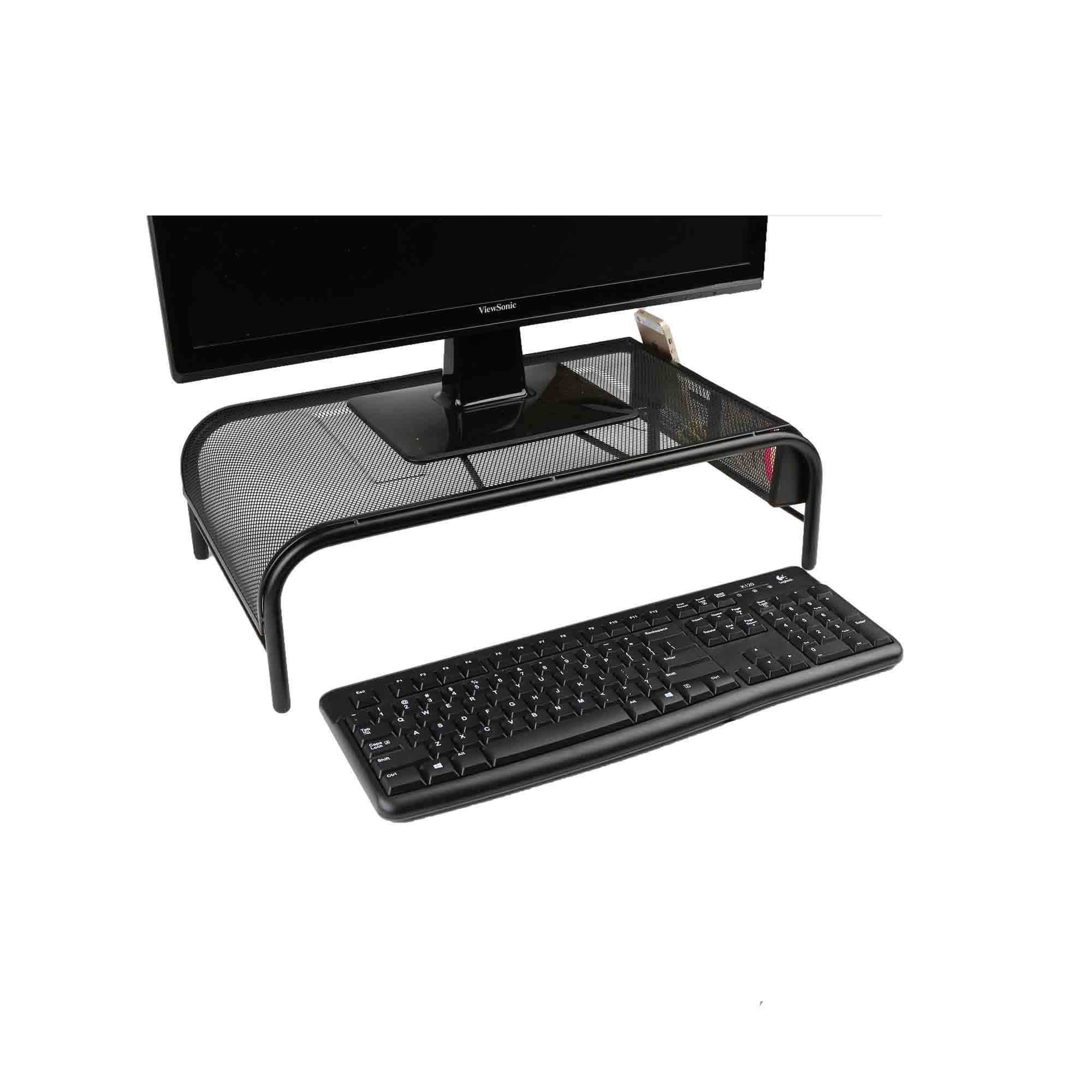 Mind Reader Black Metal Mesh Monitor Stand with Storage Compartments