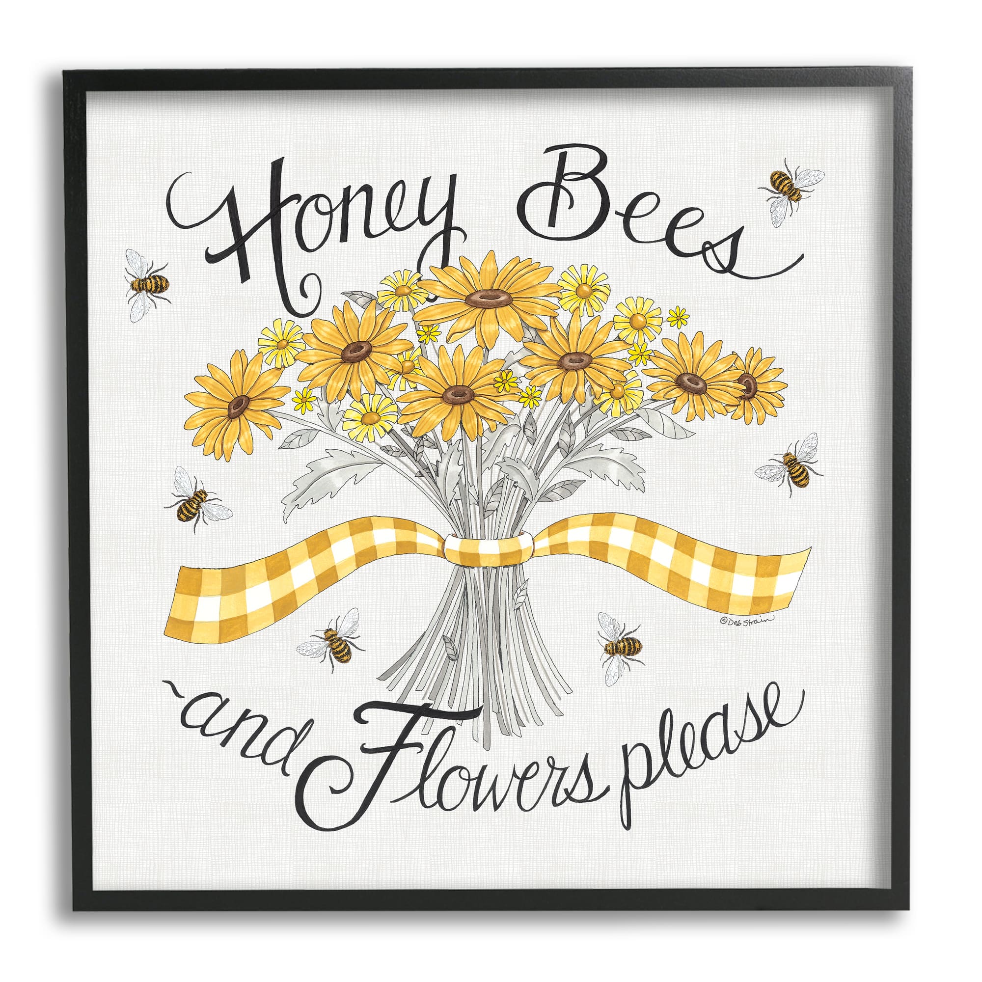 Stupell Industries Honey Bees Flowers Please Phrase Vintage Yellow Daisies Framed Wall Art