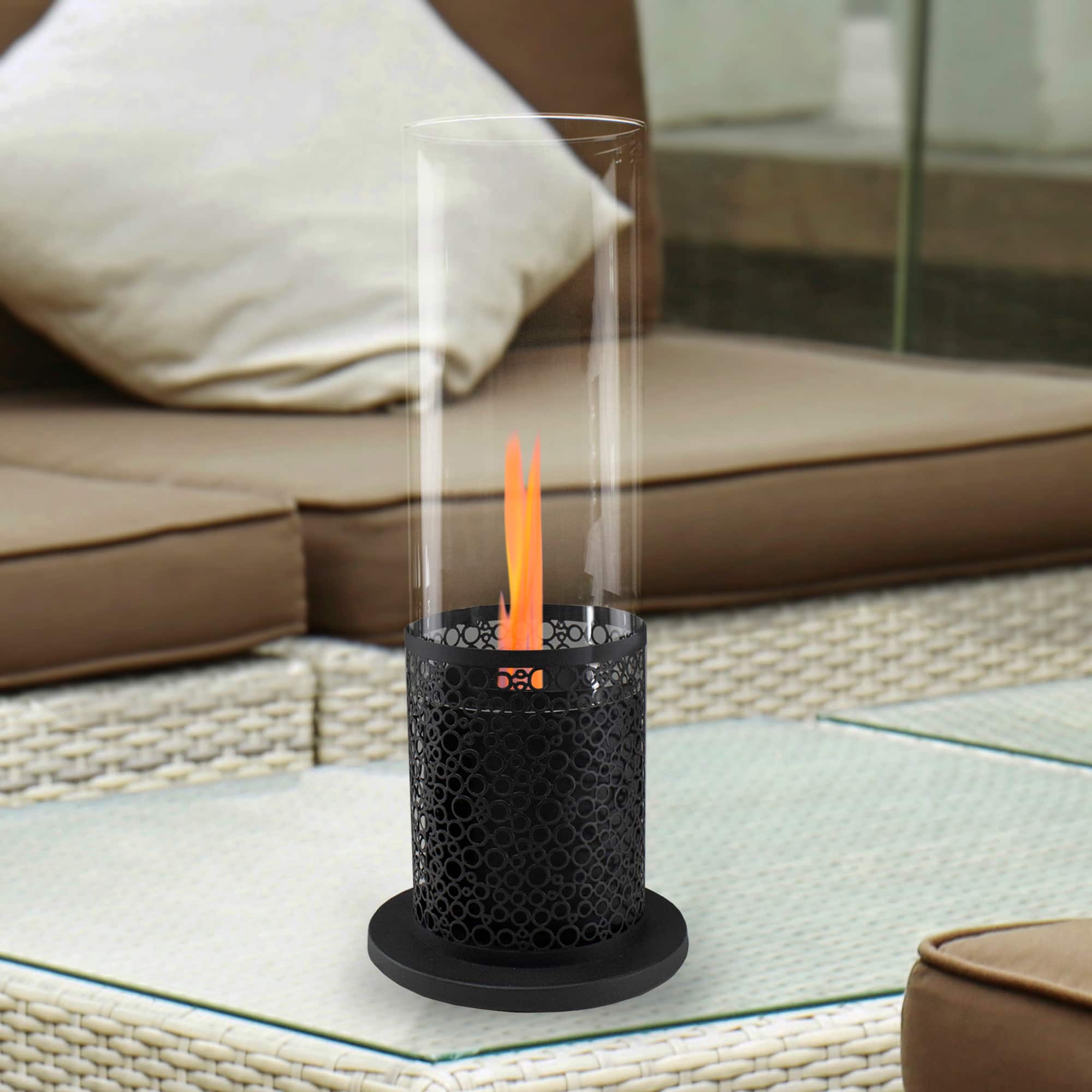 19.75" Bio Ethanol Round Portable Tabletop Fireplace with Black Decorative Base