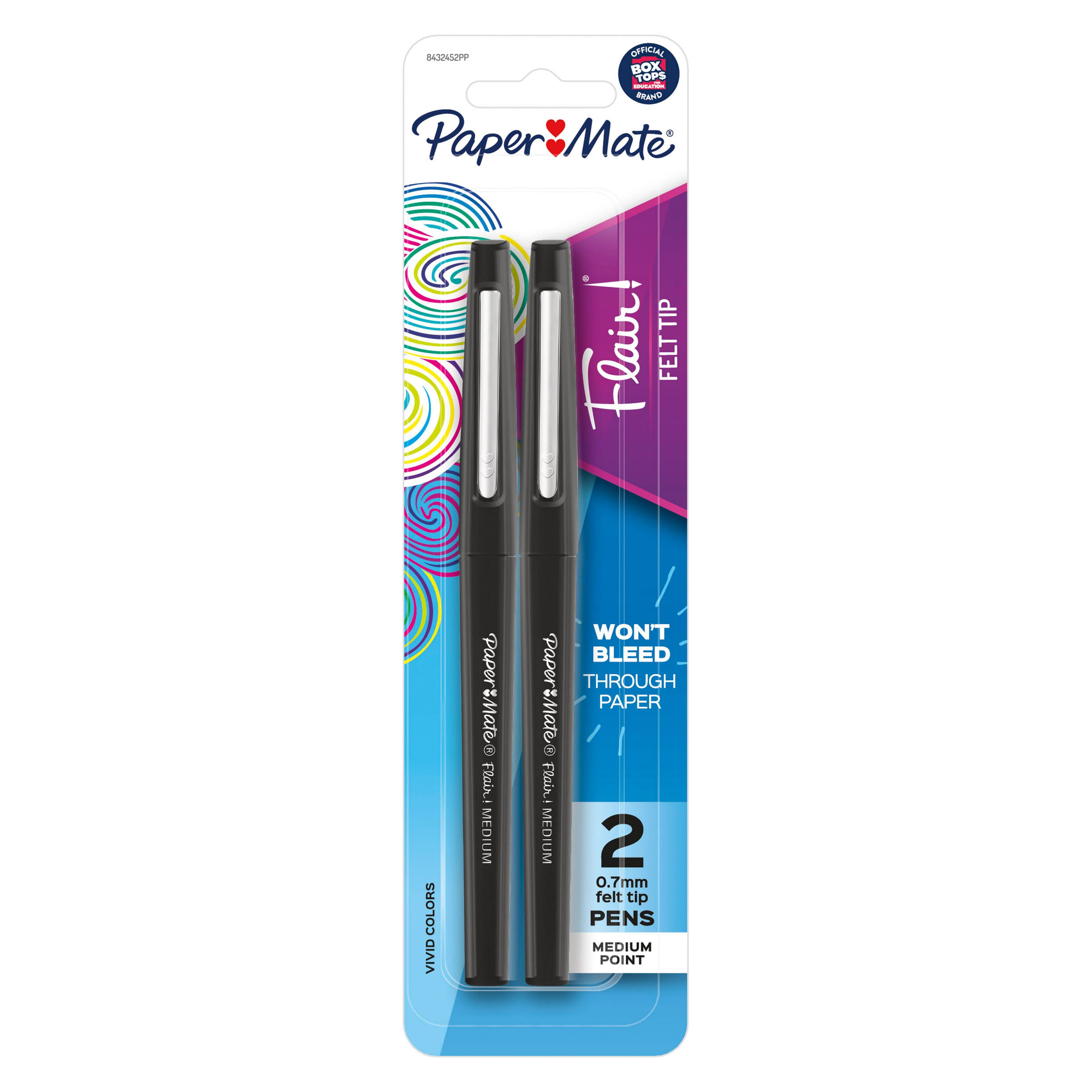 Paper Mate Flair Black Felt Tip Pens No Bleed, Medium Point (0.7mm), Pack  of 4