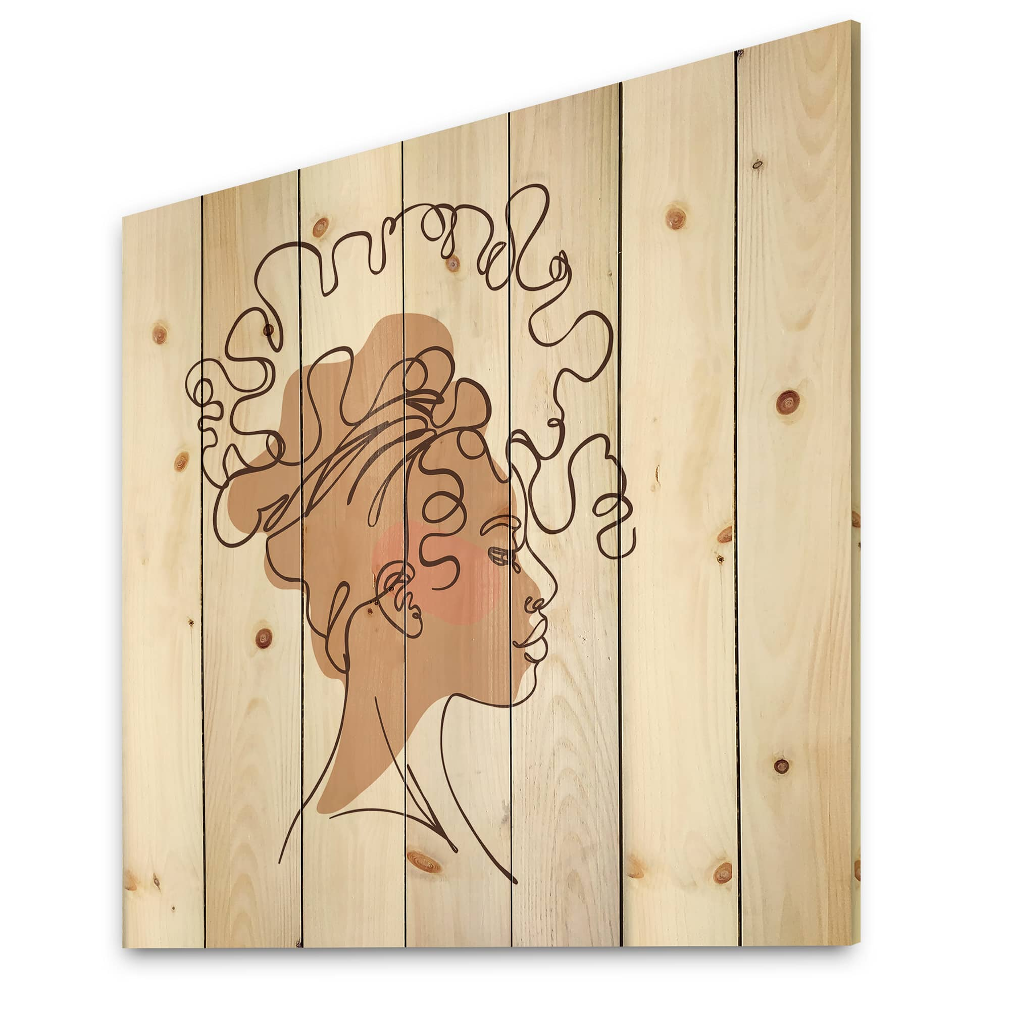 Designart - One Line Portrait of African American Woman I - Modern Print on Natural Pine Wood