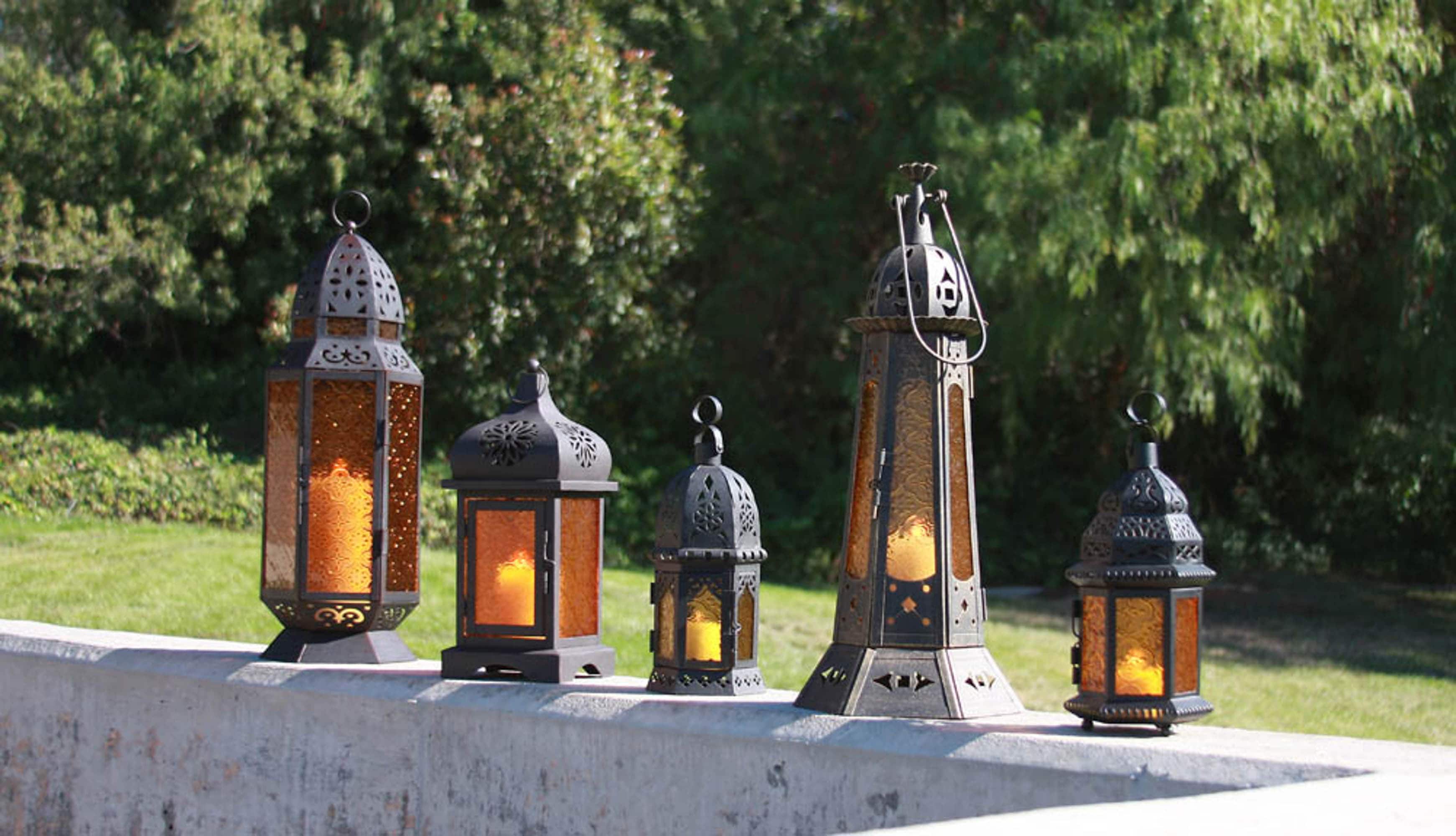19&#x22; Brown Moroccan-Style Etched Glass Candle Lantern