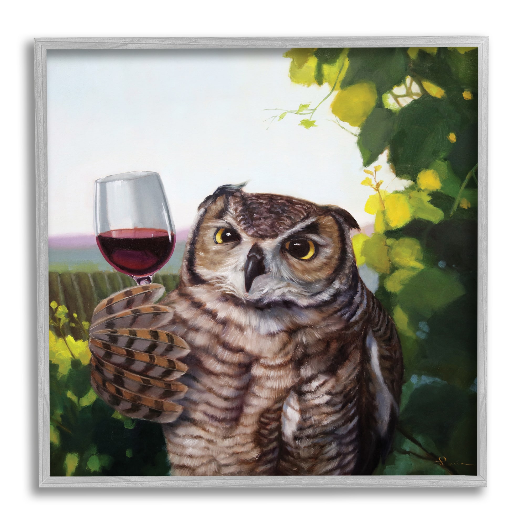 Stupell Industries Great Horned Owl Drinking Wine Gray Framed Wall Art