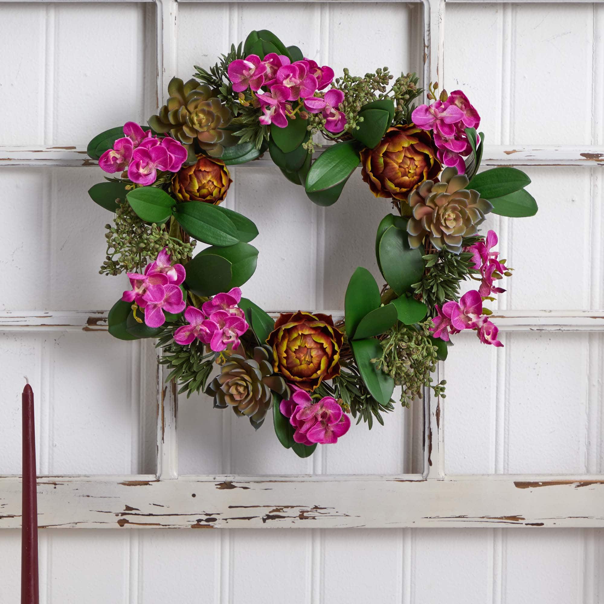 20” Orchid, Artichoke & Succulent Wreath