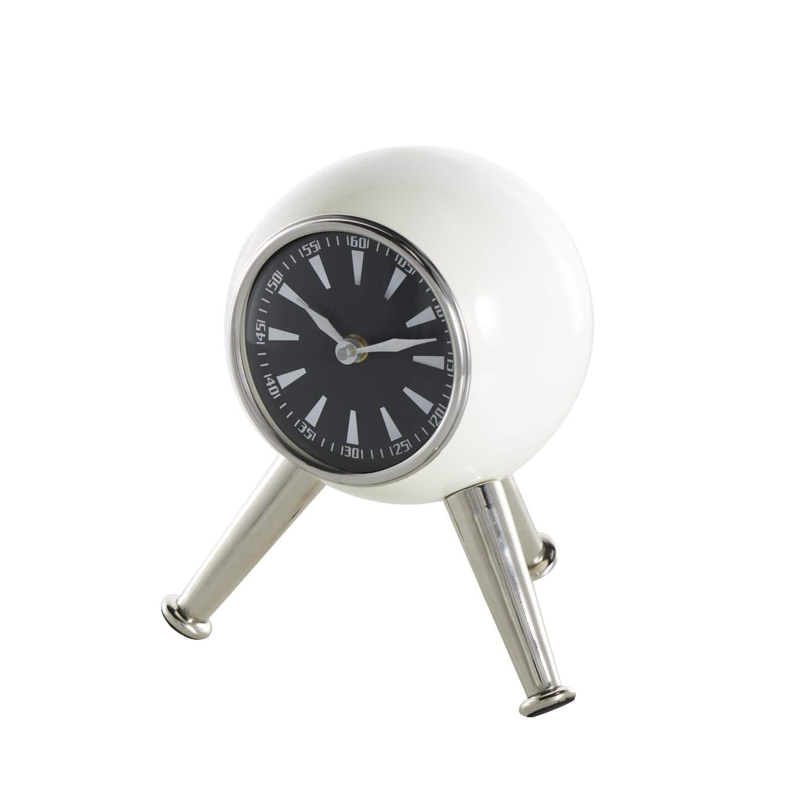 8.5" Silver Orb Metal Clock with Black Clockface & Silver Tripod Legs