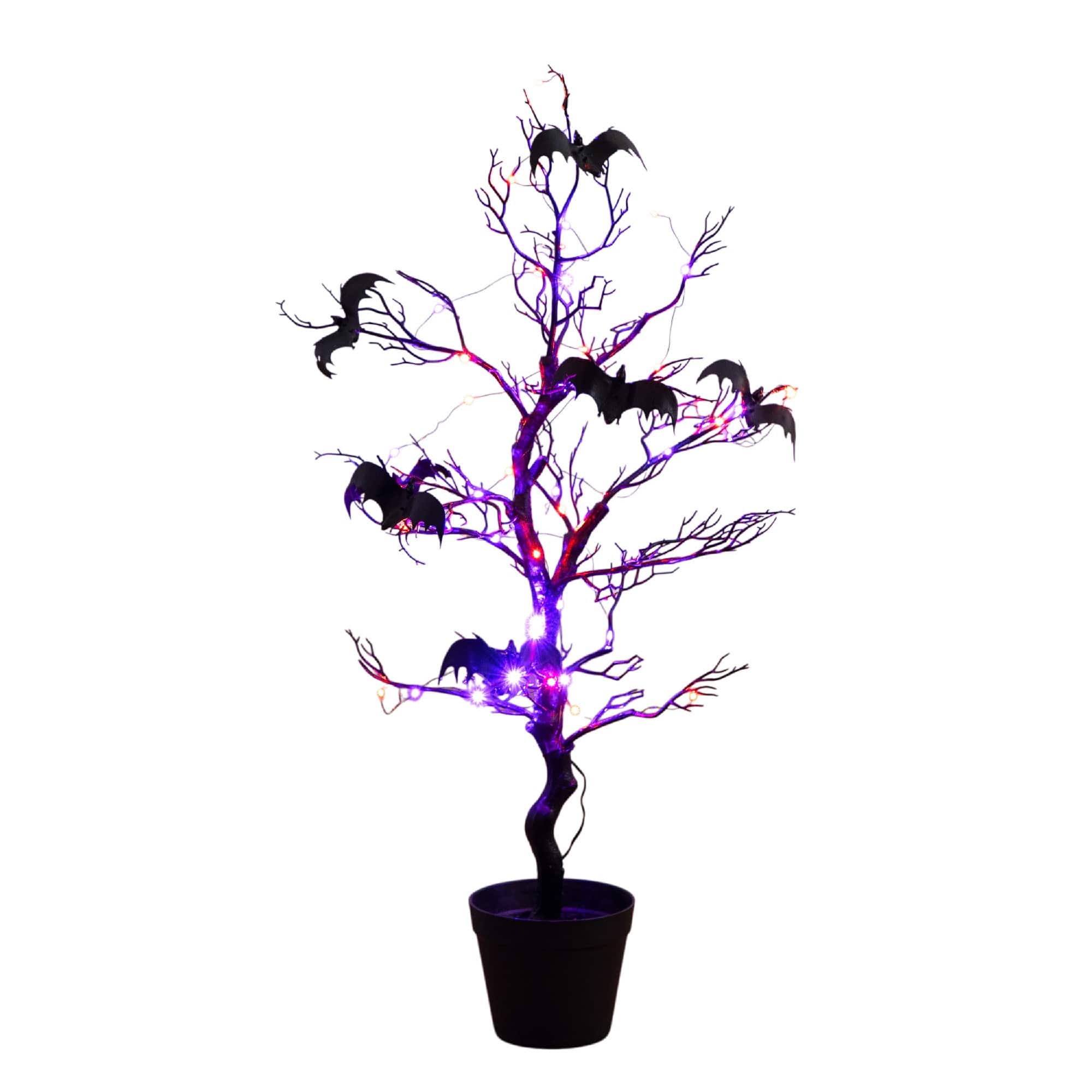 3ft. Pre-Lit Artificial Halloween Black Spooky Twig Tree with Bats and 100 Orange &#x26; Purple LED Lights