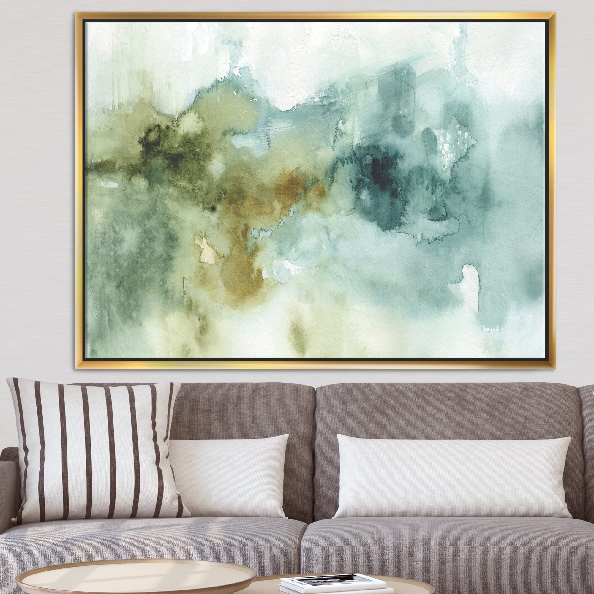 Designart - Abstract Watercolor Green House - Modern & Contemporary Canvas in Gold Frame