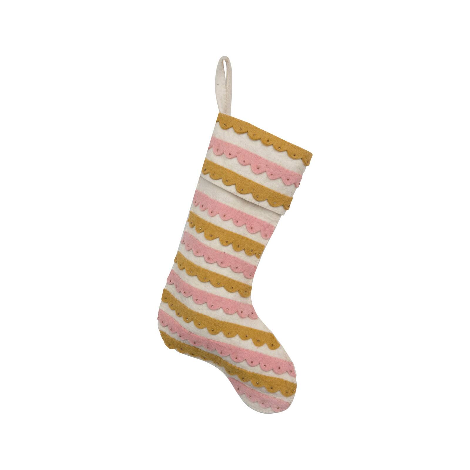 Hello Honey&#xAE; 19&#x22; Pink, Cream &#x26; Mustard Wool Felt Stocking with Appliqued Scallops &#x26; Beads