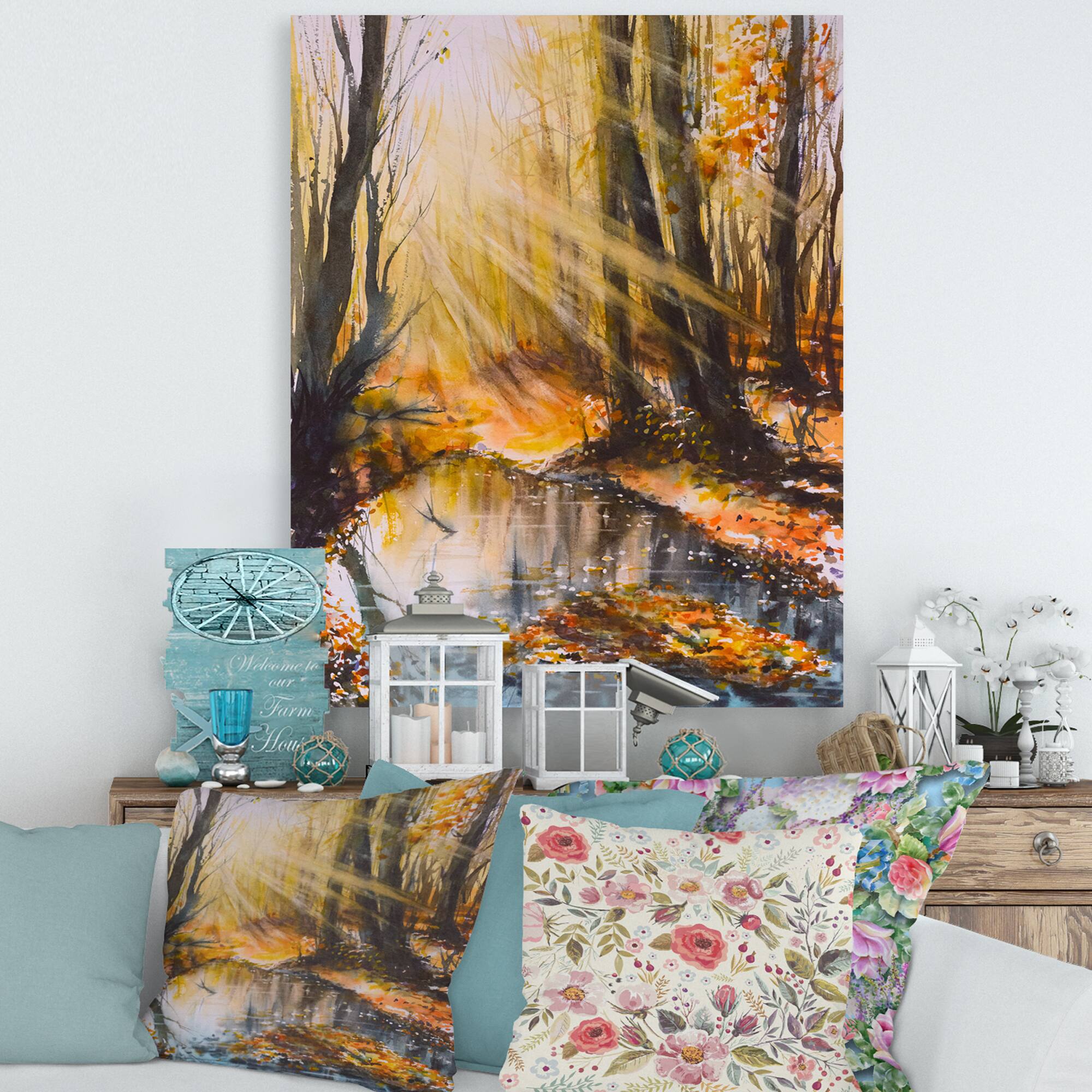 Designart - Bright Sunshine Through The Forest Trees III - Lake House Canvas Wall Art Print