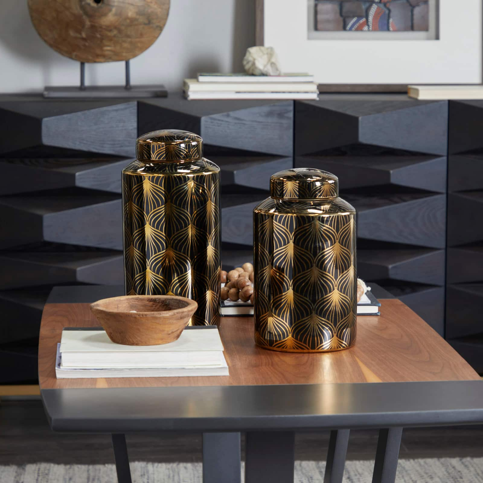 The Novogratz Black &#x26; Gold Ceramic Floral Decorative Jars Set