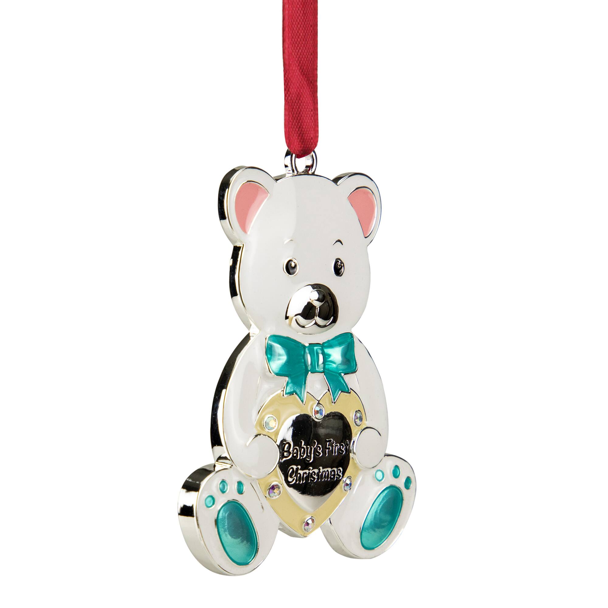3&#x22; Pastel &#x26; Silver Plated Bear Baby&#x27;s First Christmas Ornament with European Crystals