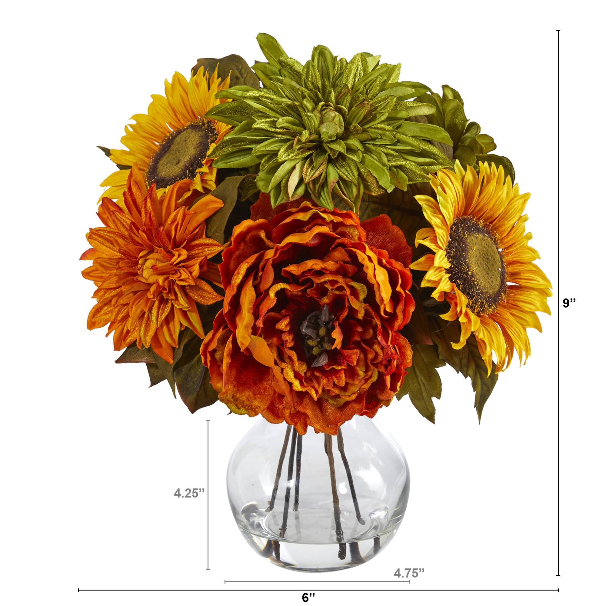 12&#x22; Peony, Dahlia &#x26; Sunflower Arrangement in Glass Vase