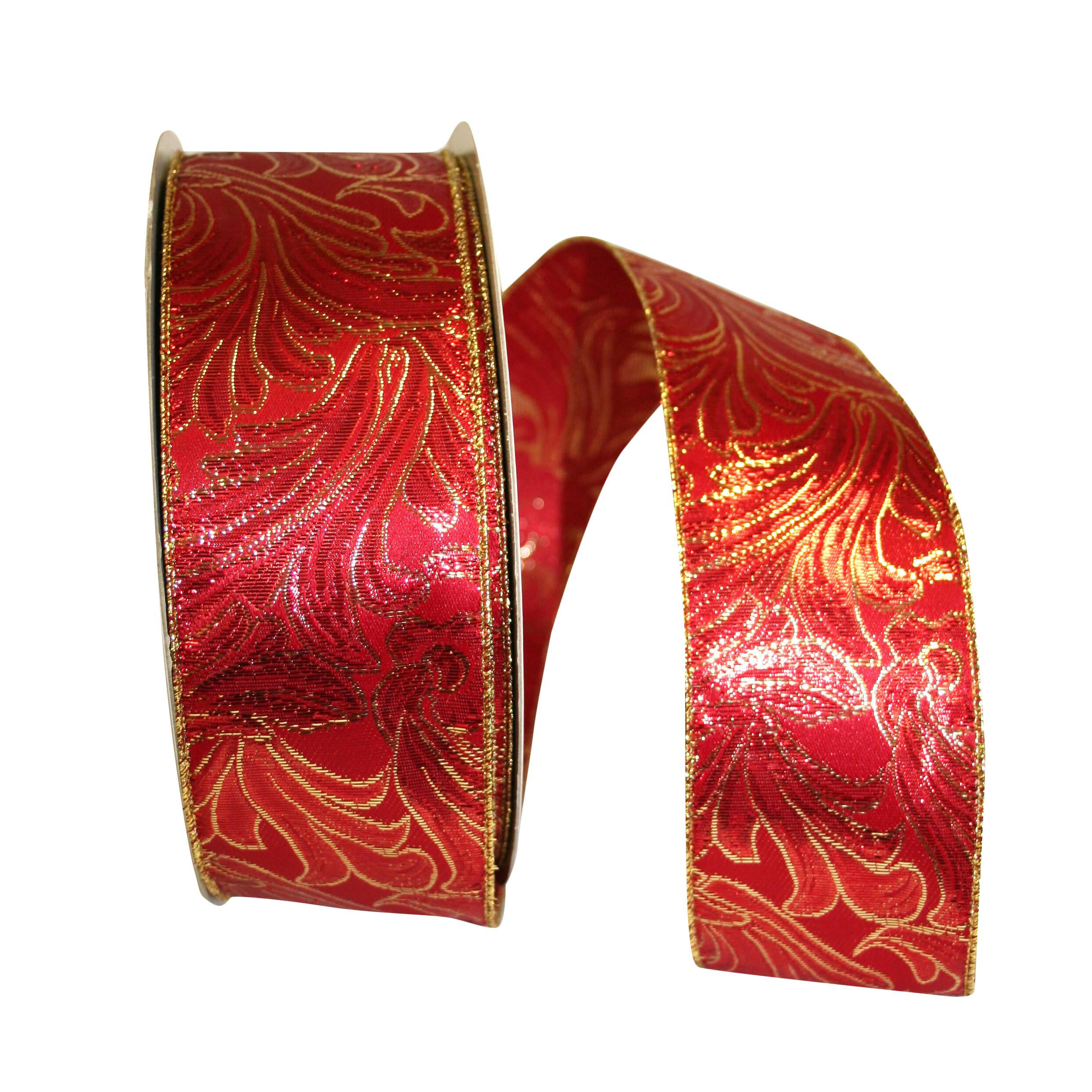 JAM Paper 2.5" x 50yd. Red & Gold Swirls Wired Ribbon