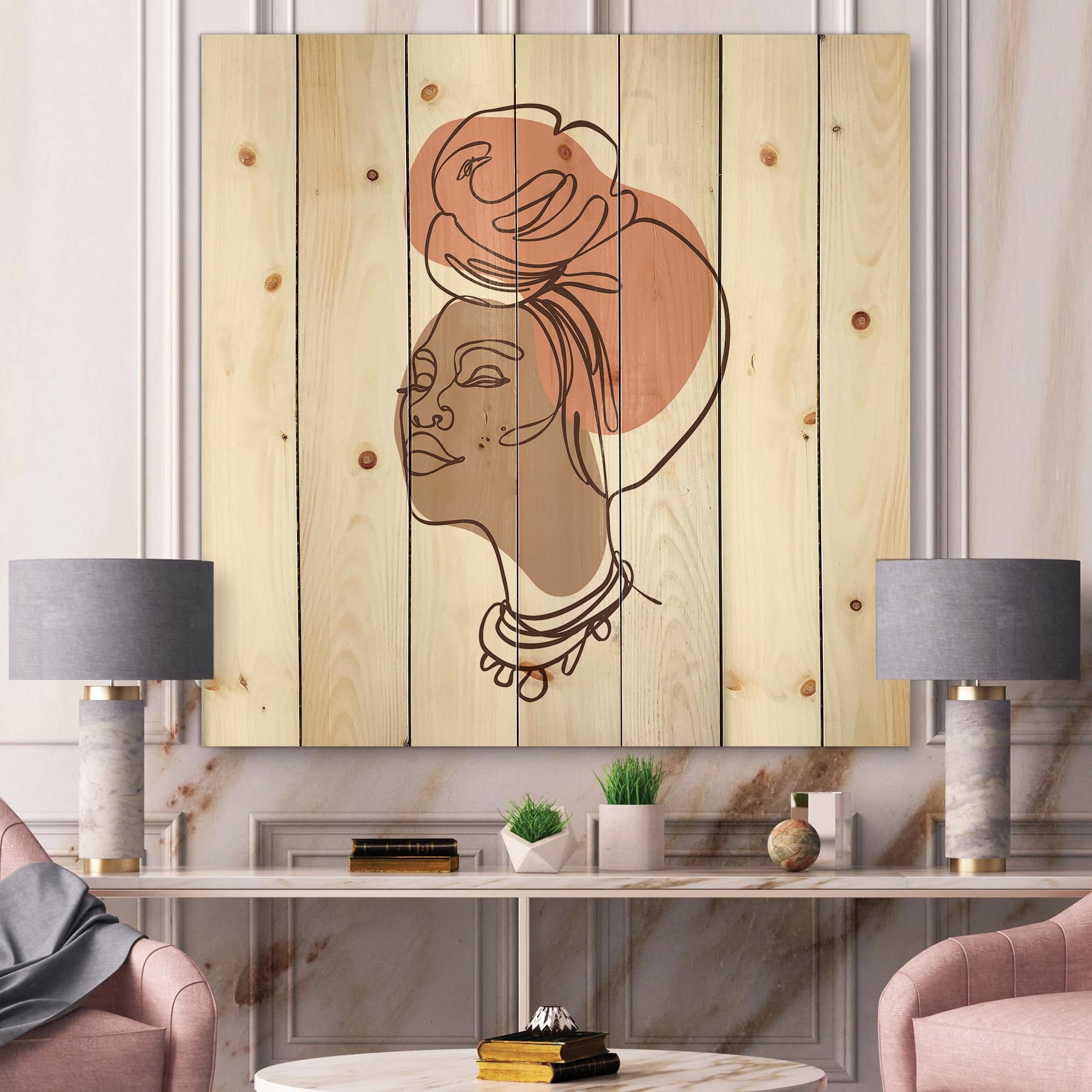 Designart - One Line Portrait of African American Woman IV - Modern Print on Natural Pine Wood