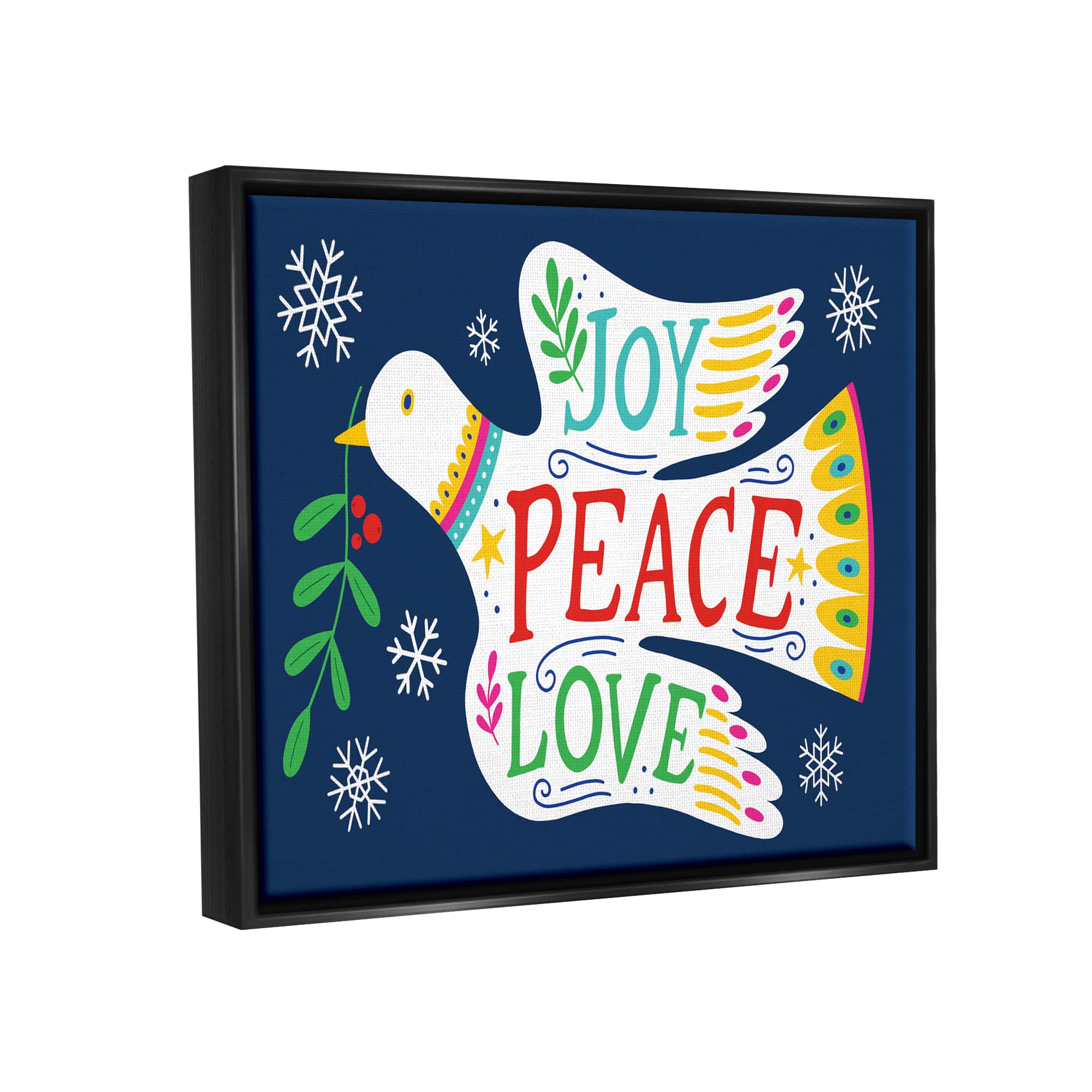 Stupell Industries Joy Peace Love Dove Holly Sprig Framed Floater Canvas Wall Art