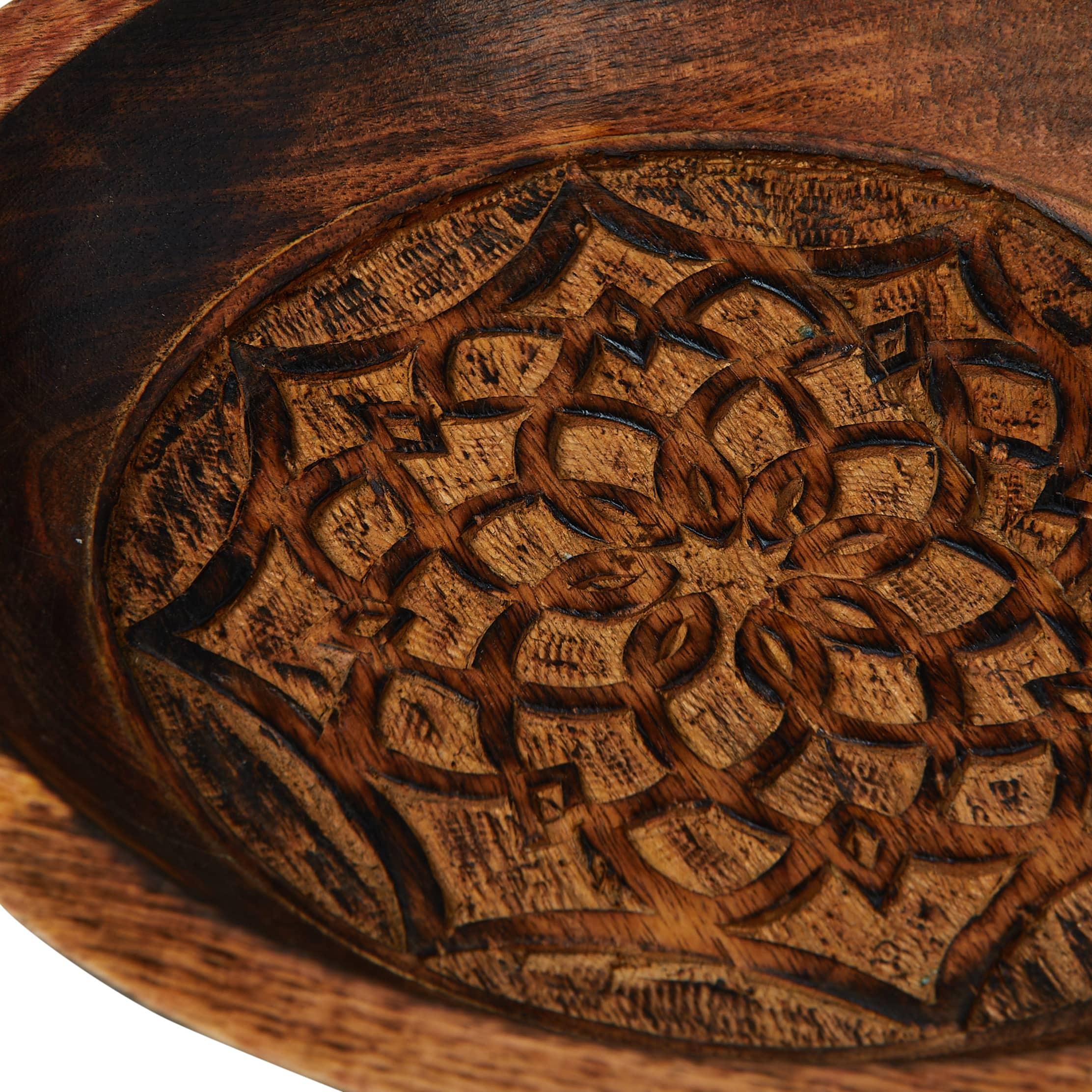 11.5&#x22; Natural Boho Carved Wood Bowl with Floral Designs