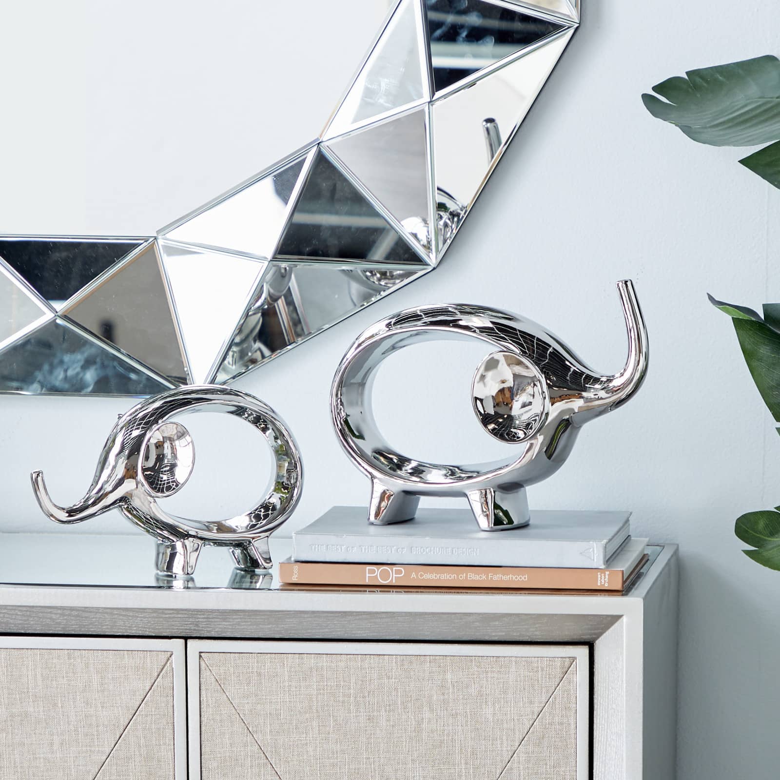 7" Silver Porcelain Elephant Sculpture Set