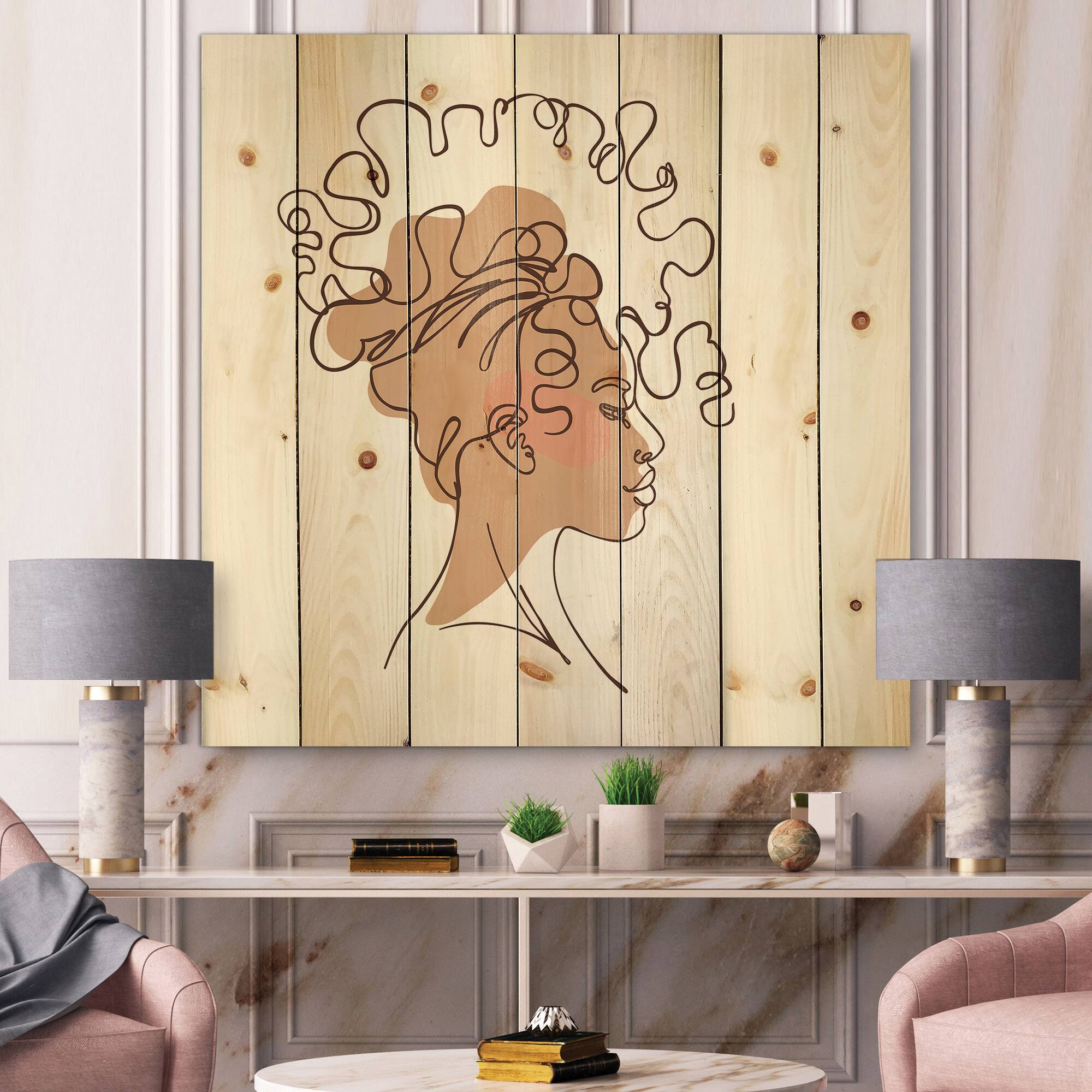 Designart - One Line Portrait of African American Woman I - Modern Print on Natural Pine Wood