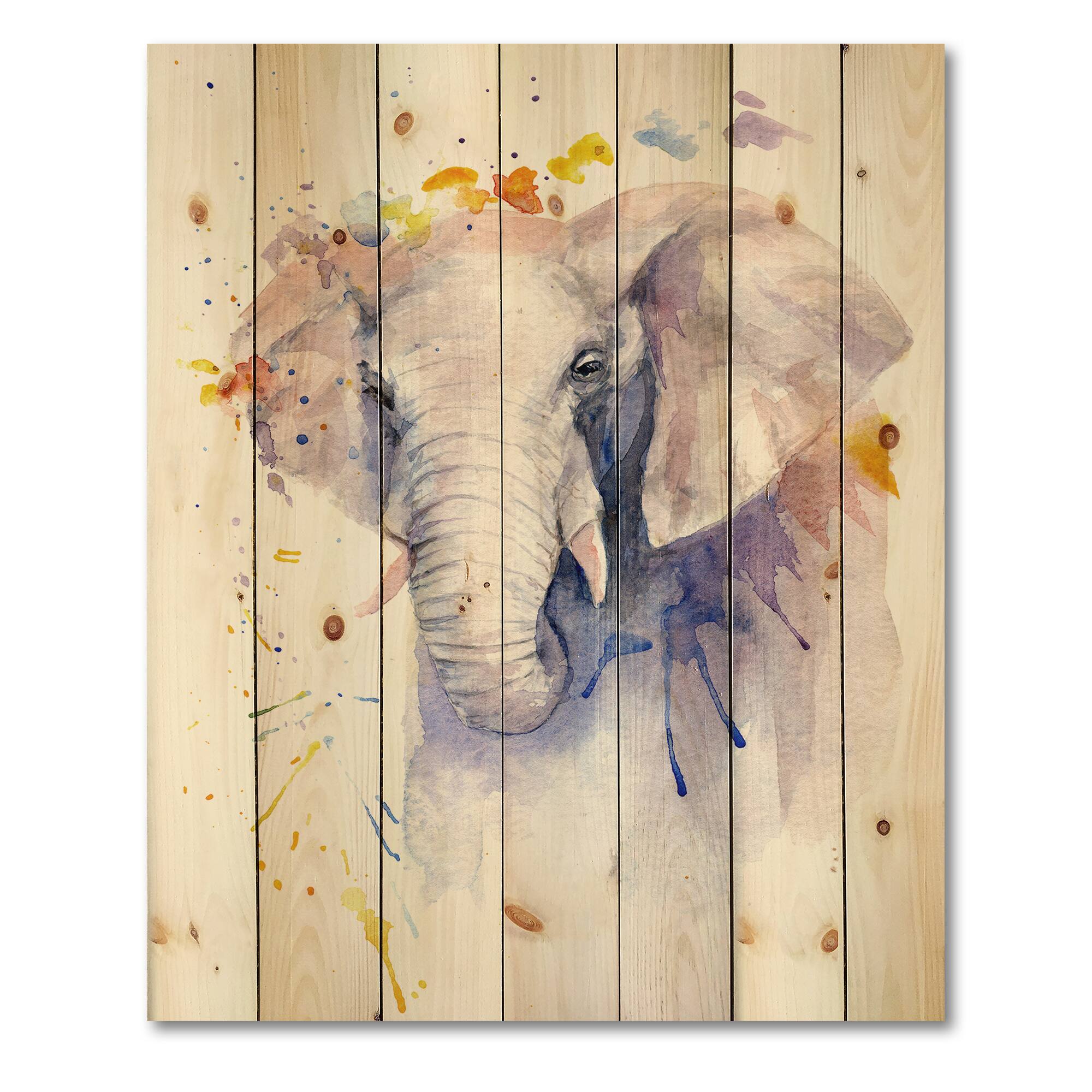 Designart - Portrait of An Elephant In Flowers - Farmhouse Print on Natural Pine Wood