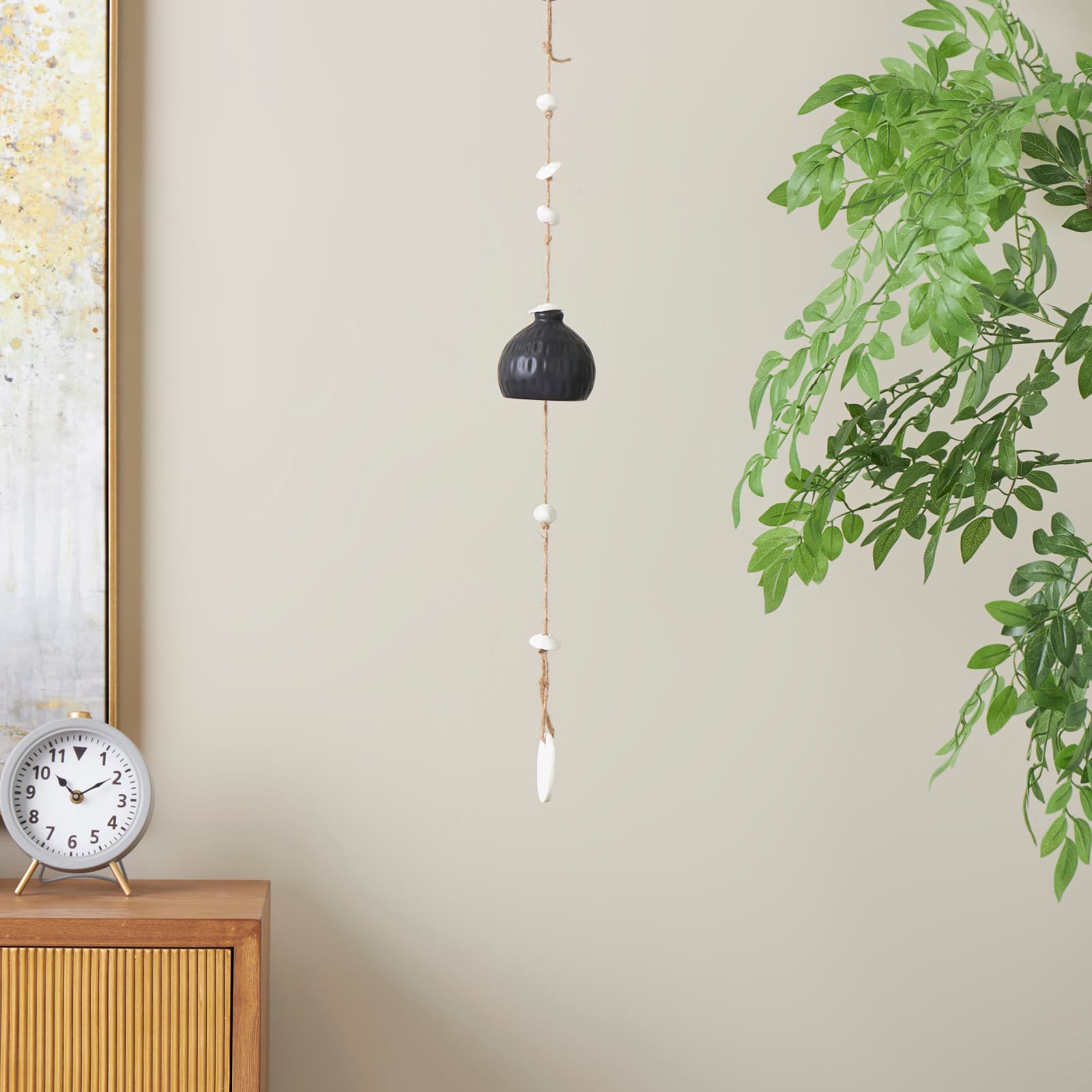 23&#x22; Black Ceramic Handmade Curved Bell Windchime with Cascading White Disks