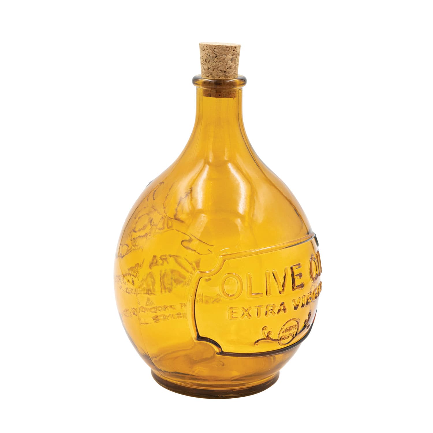 Hello Honey® 7" Amber Olive Oil Embossed Reclaimed Glass Bottle with Cork
