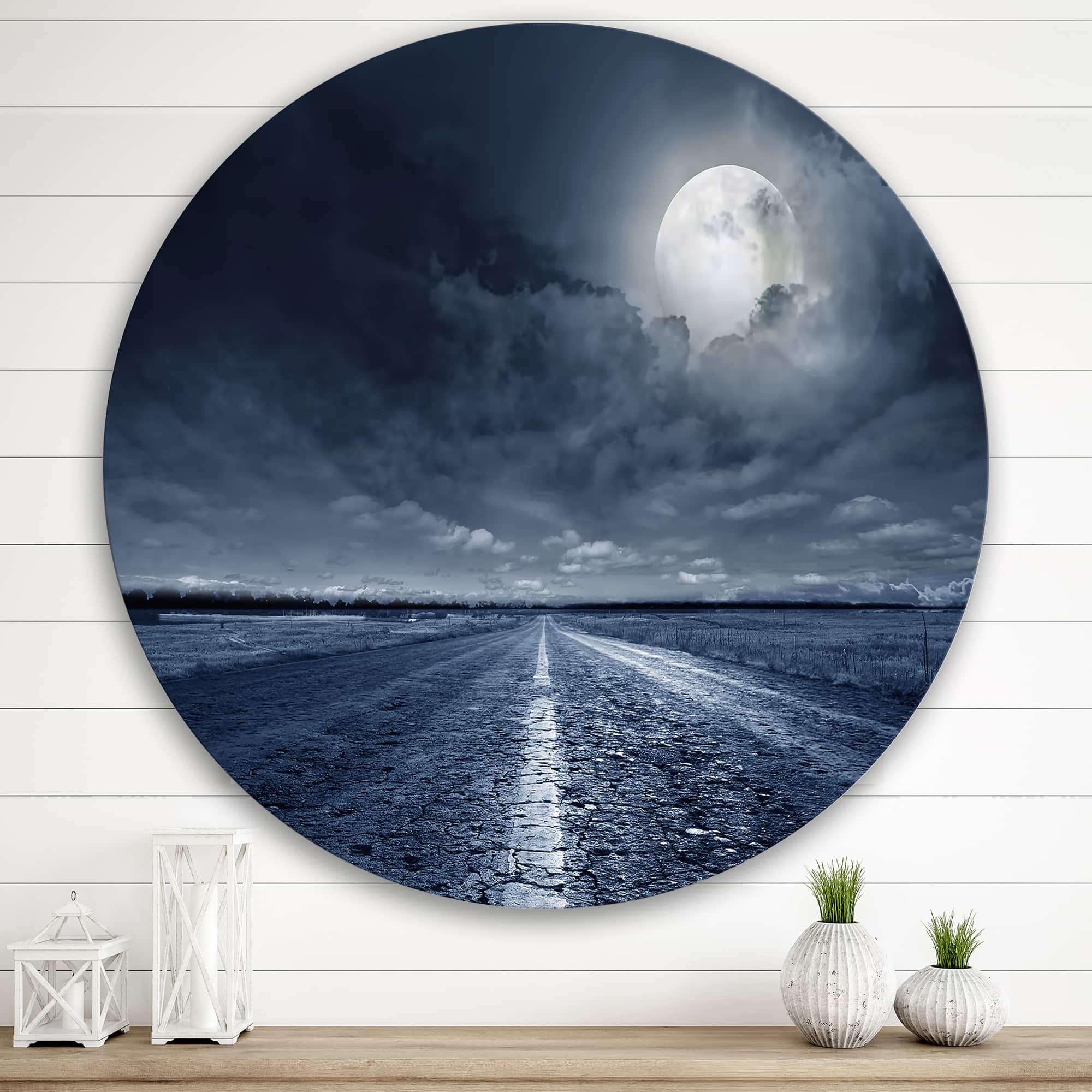 Designart - Asphalt Road Under Cloudy Full Moon I - Nautical &#x26; Coastal Metal Circle Wall Art