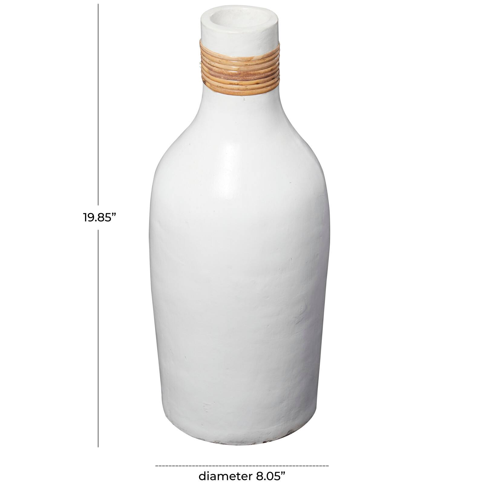 20" White Ceramic Vase with Wrapped Rattan Detailing