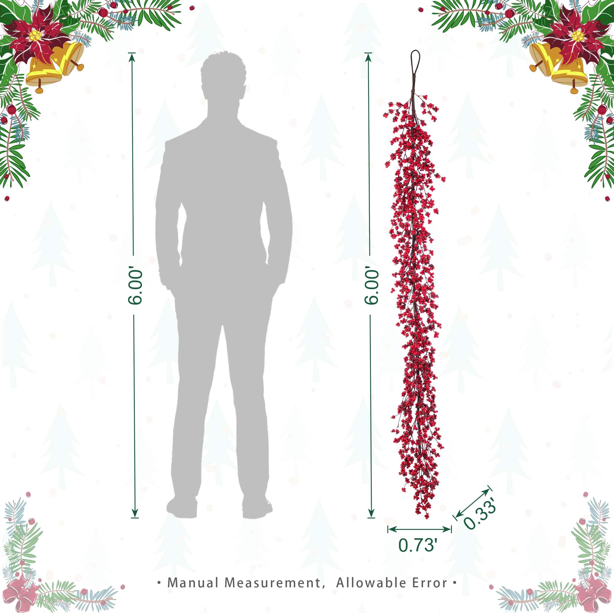 Glitzhome&#xAE; 6ft Christmas Red Berries Garland