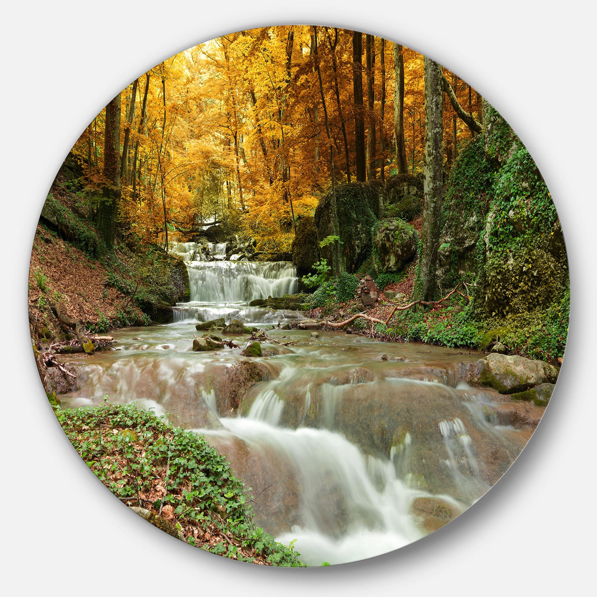 Designart - Forest Waterfall with Yellow Trees' Large Landscape Metal Circle Wall Art