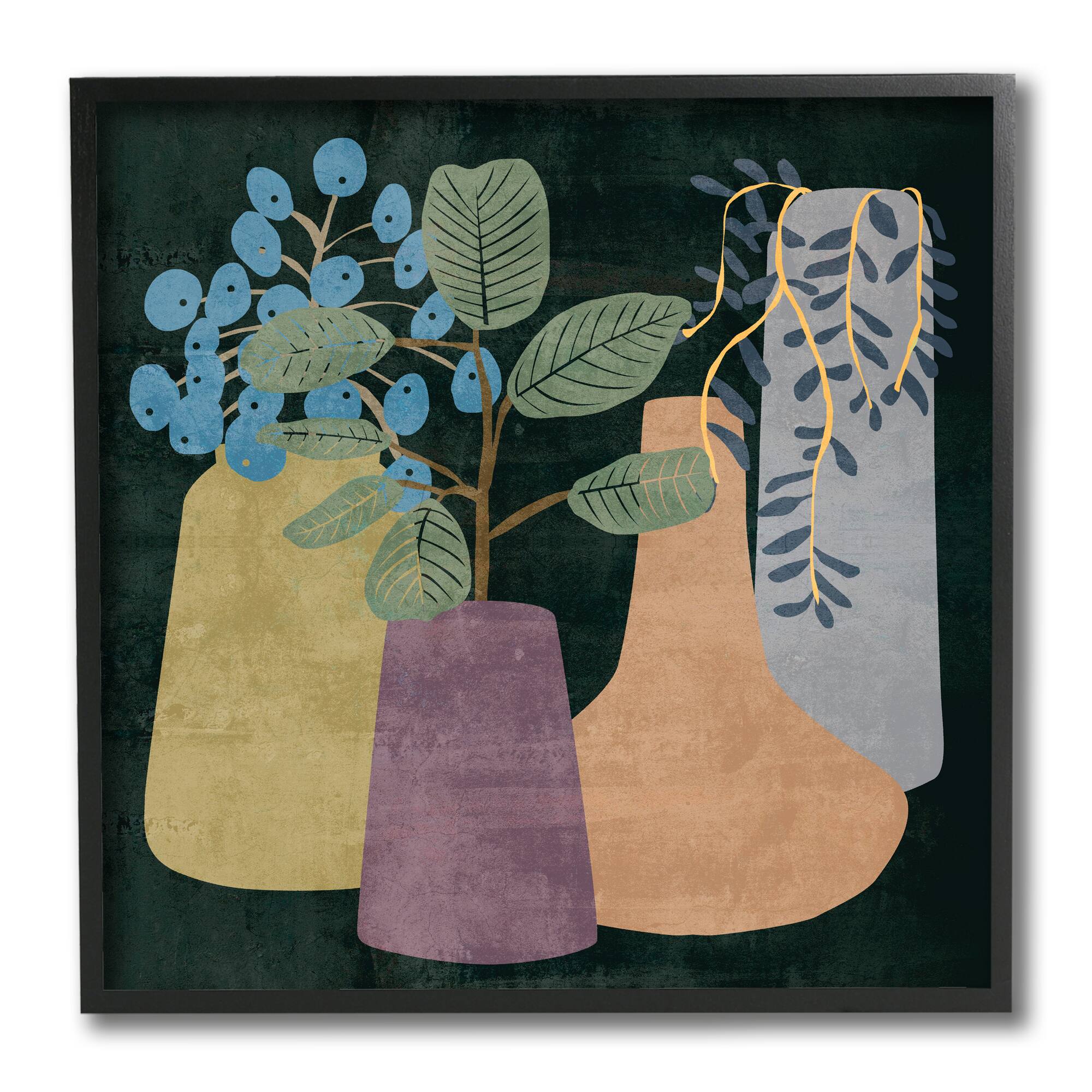 Stupell Industries Eucalyptus Plants in Decorative Vases over Black,12" x 12"