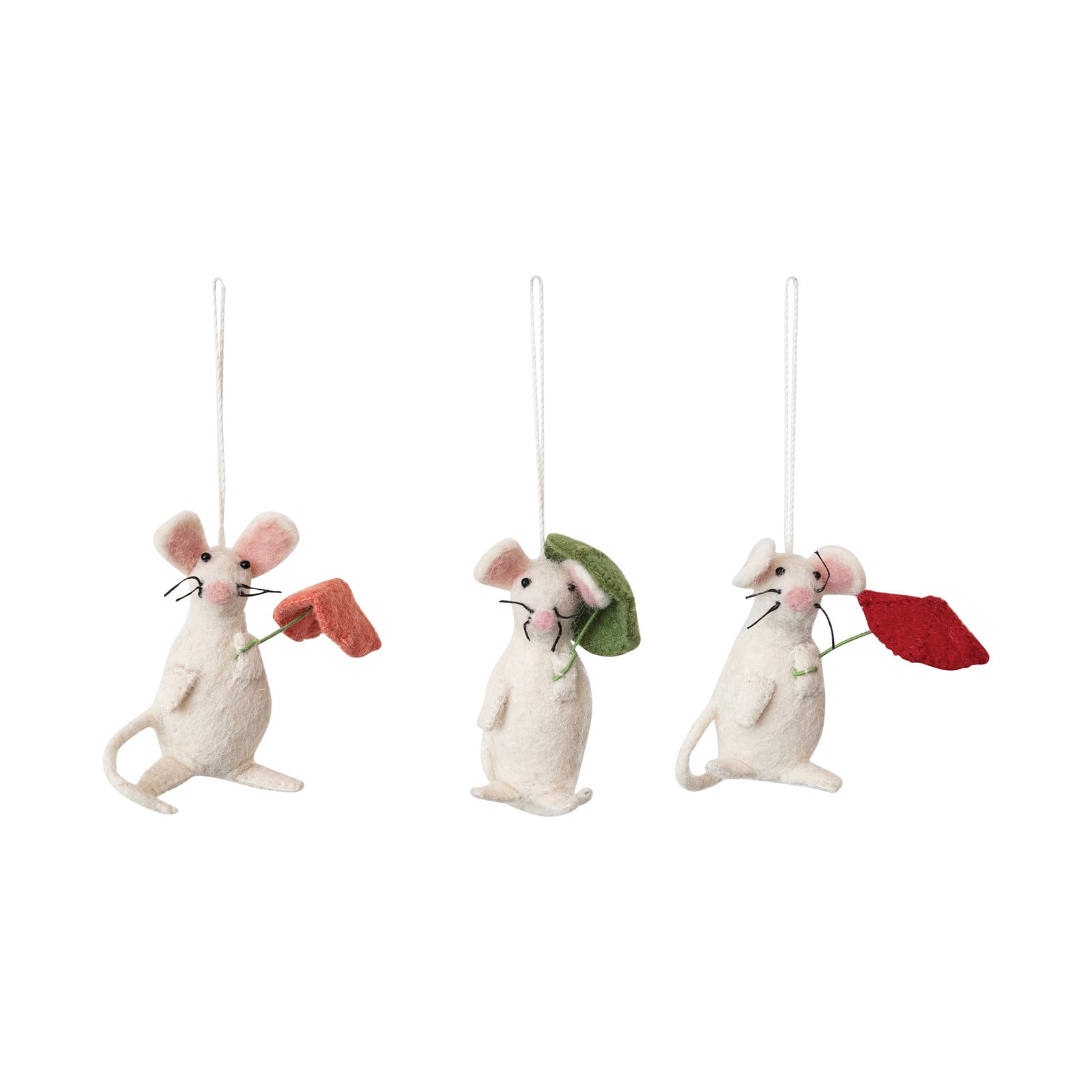 Hello Honey® Handmade Wool Felt Mouse Ornaments with Umbrellas Set