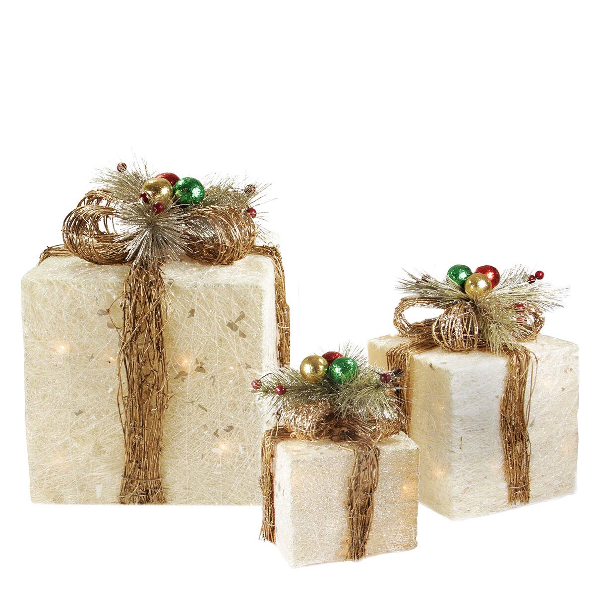 Cream Lighted Gift Boxes with Twine Bows Outdoor Christmas D&#xE9;cor Set