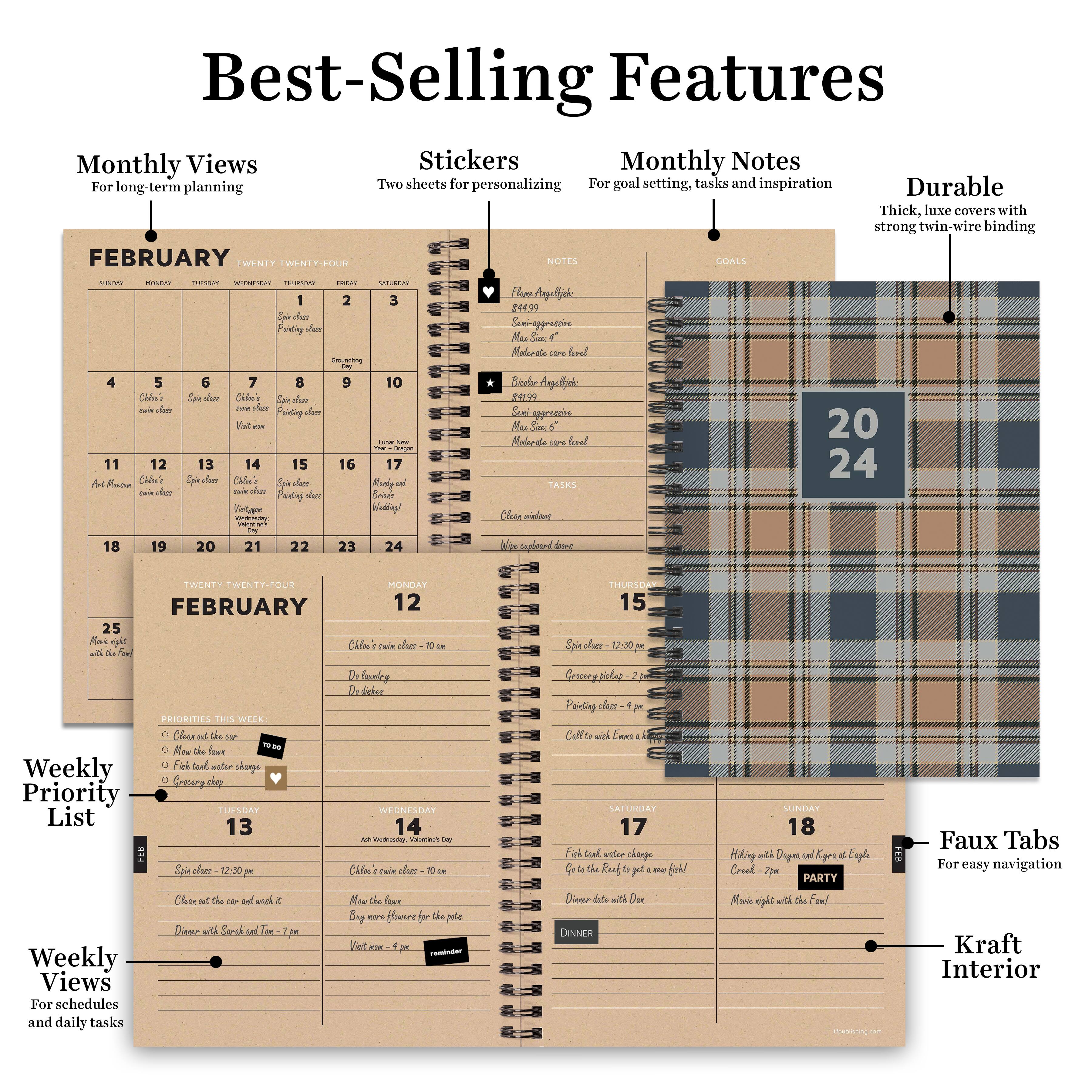 TF Publishing 2024 Neutral Plaid Medium Weekly Monthly Planner
