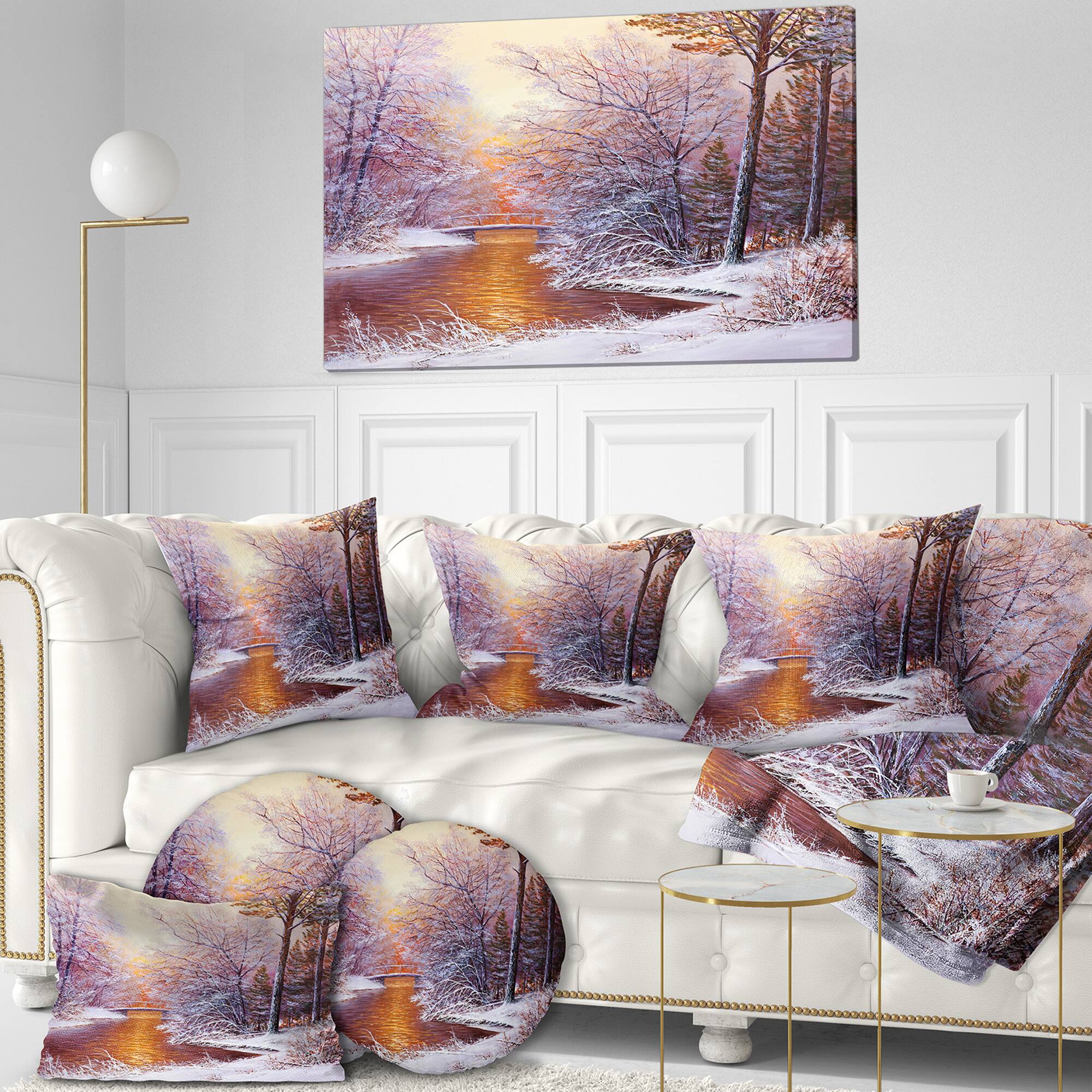 Designart - Winter Landscape with River - Landscapes Painting Print on Wrapped Canvas