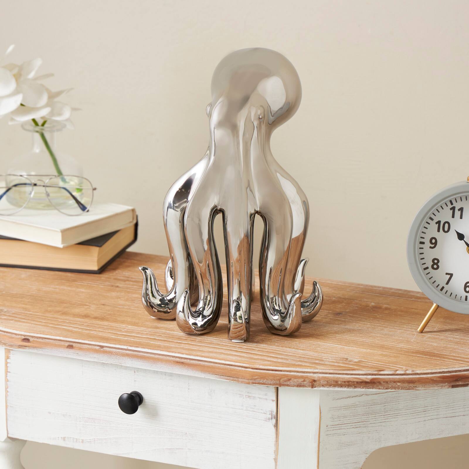 12&#x22; Silver Ceramic Octopus Sculpture