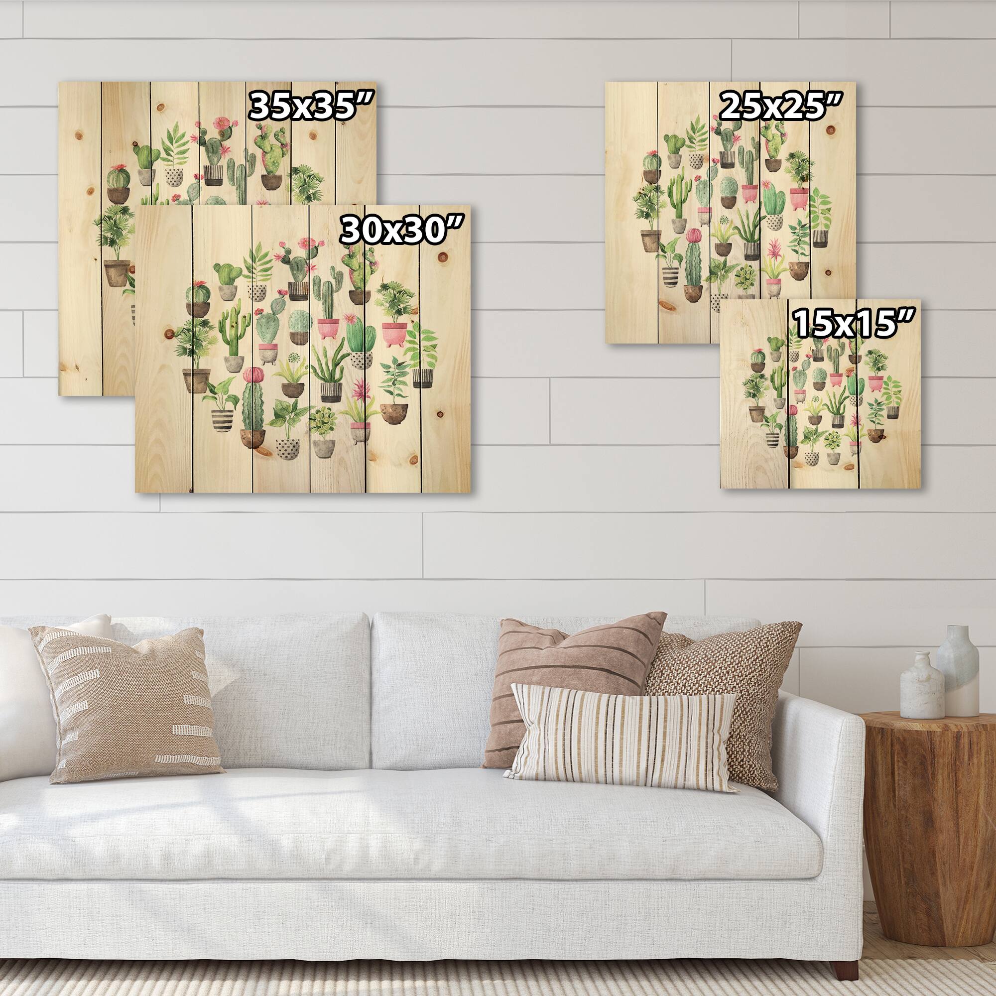 Designart - Cacti In Ceramic Pots In Gentle Tones II - Botanical Print on Natural Pine Wood