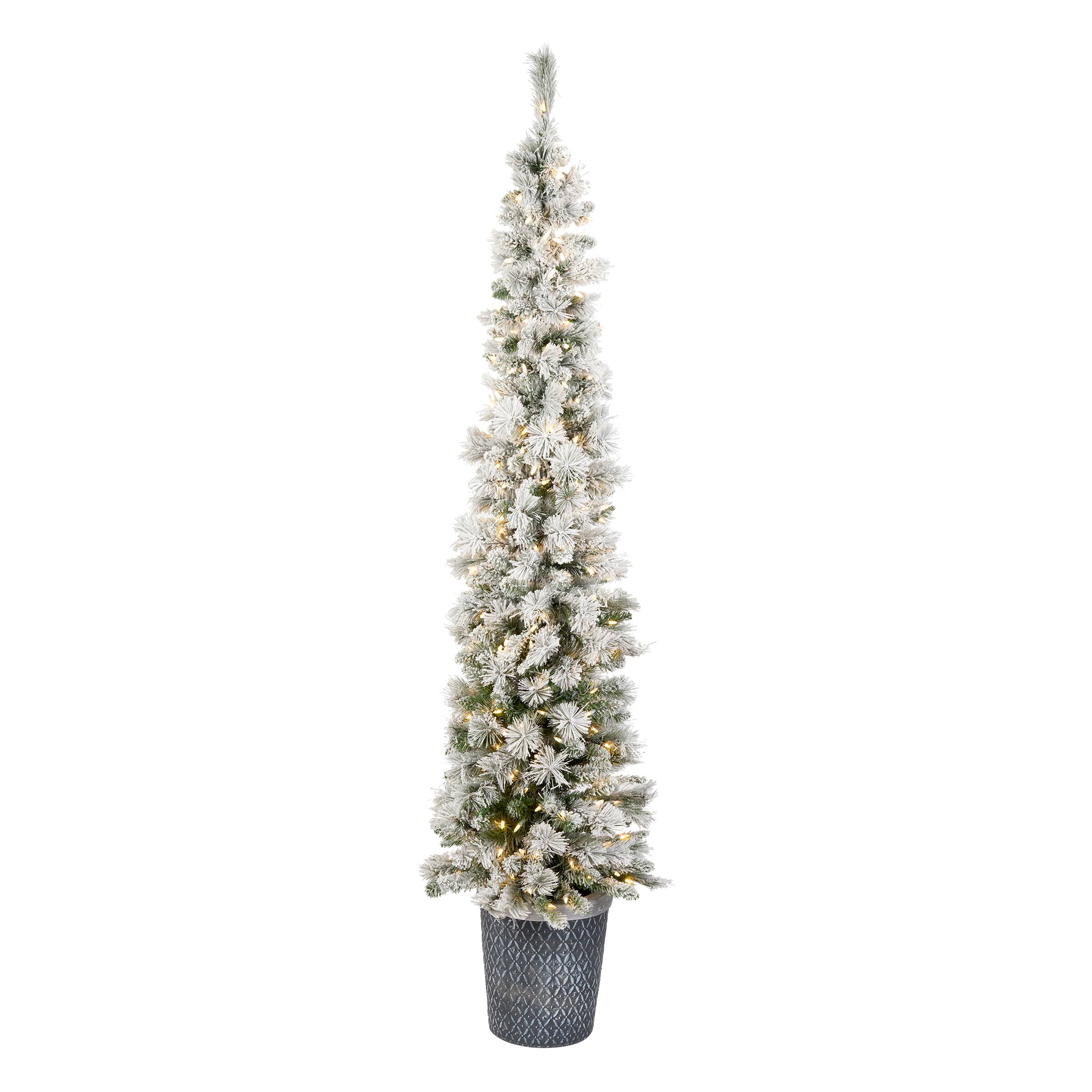 7ft. Pre-Lit Snowy Methow Pencil Artificial Christmas Entrance Tree, Warm White LED Lights