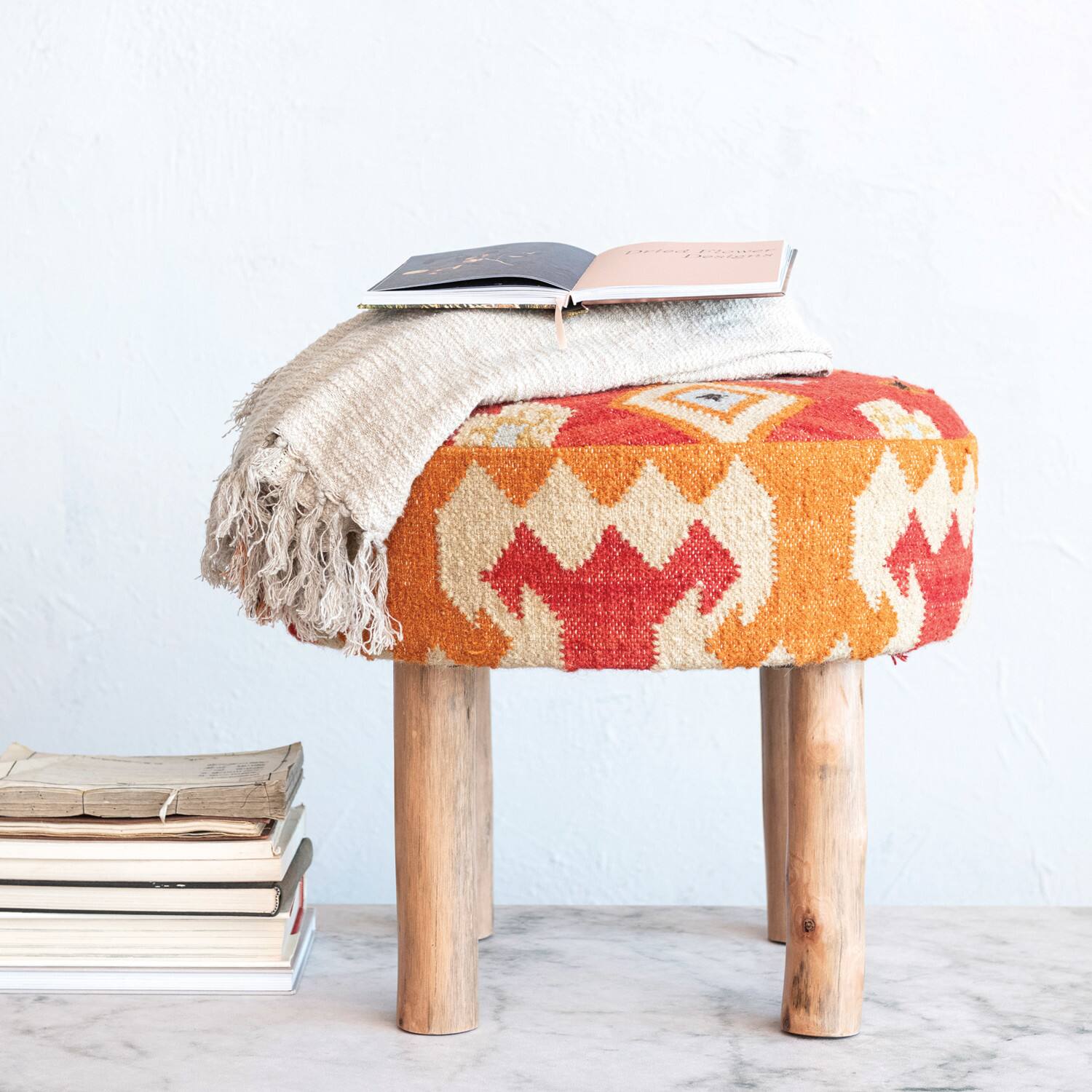 Hello Honey® 24" Round Orange Cotton & Wool Kilim Stool with Natural Wood Legs