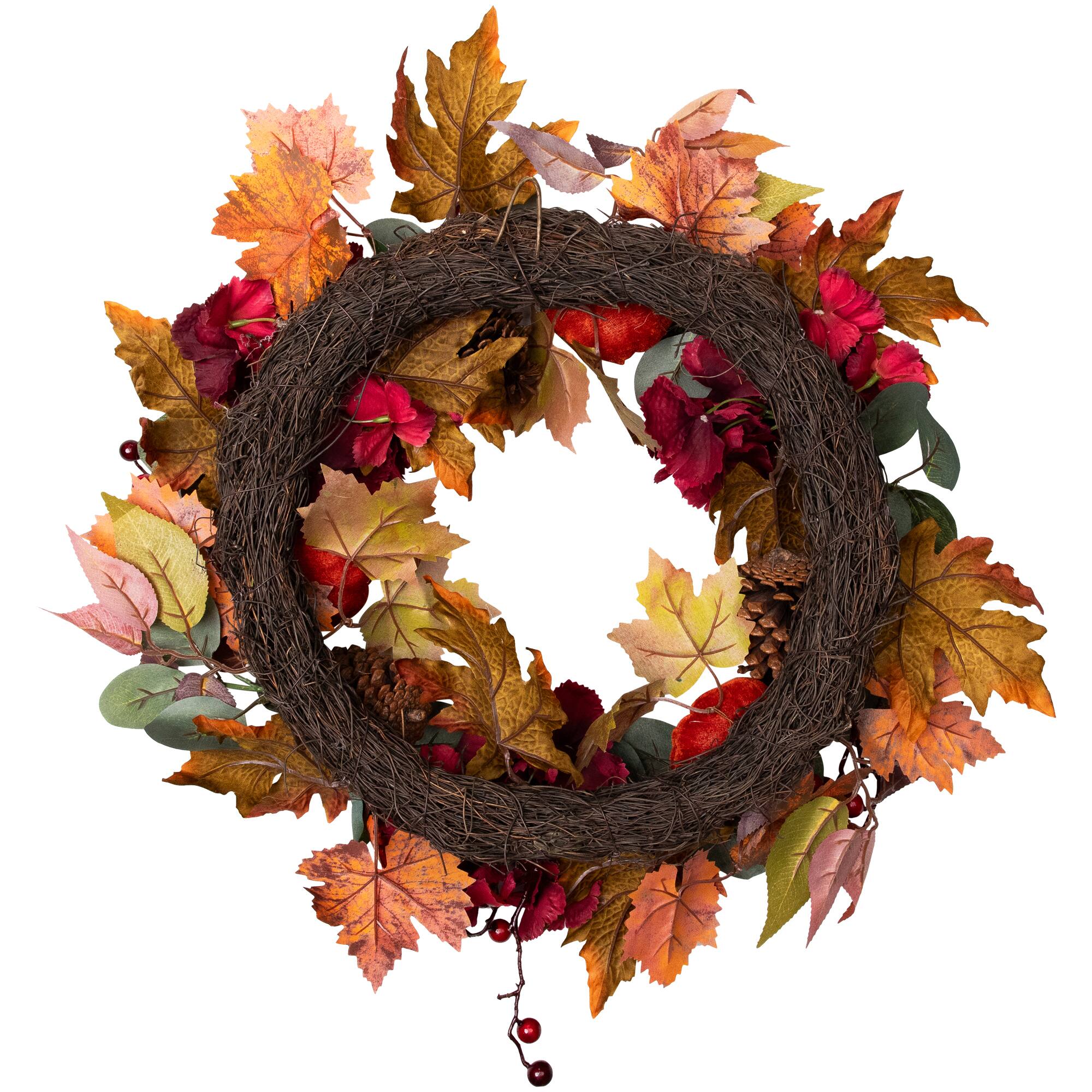 22" Orange & Burgundy Fall Harvest Artificial Floral & Pinecone Wreath