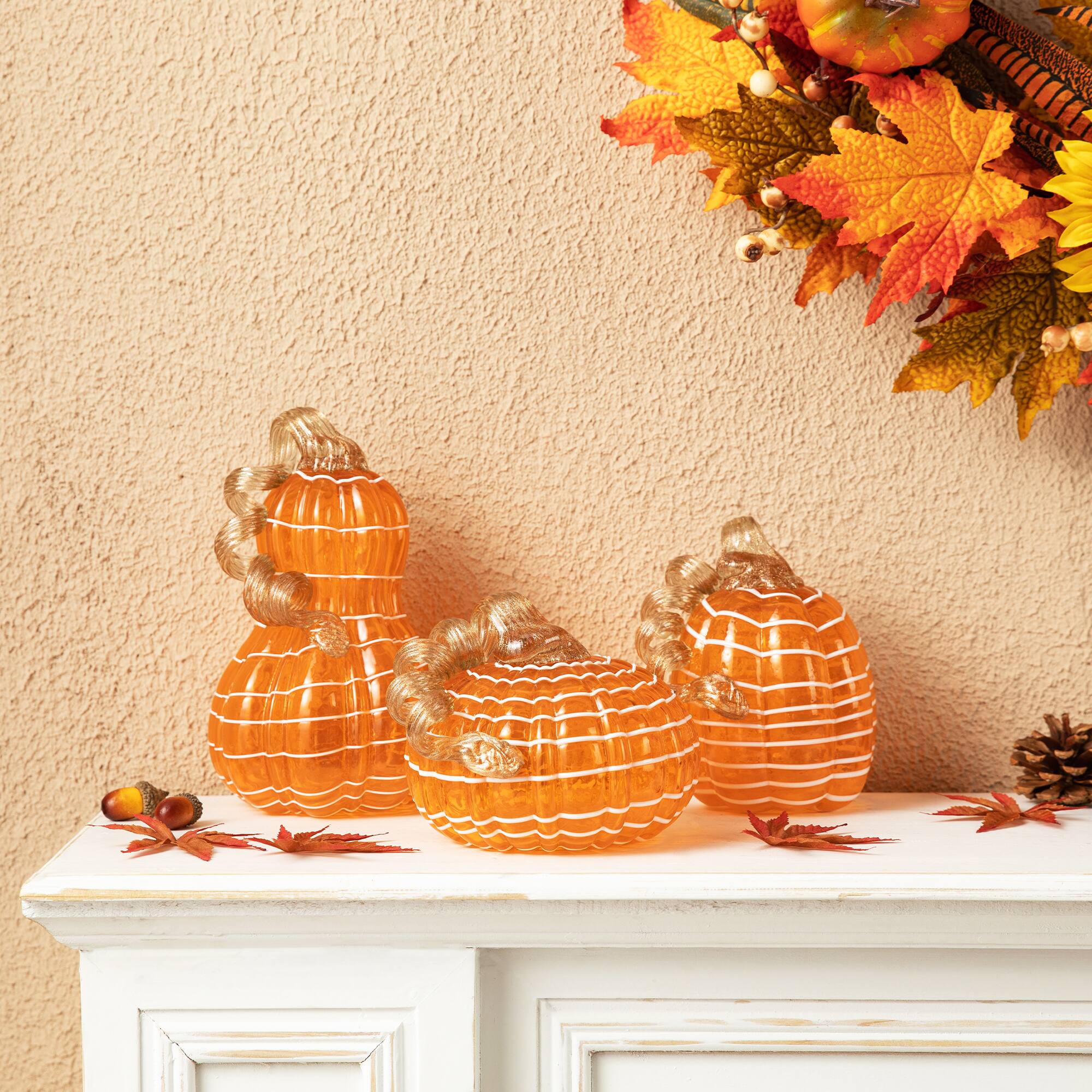 Glitzhome&#xAE; Orange and White Lines Glass Pumpkin &#x26; Gourd Set