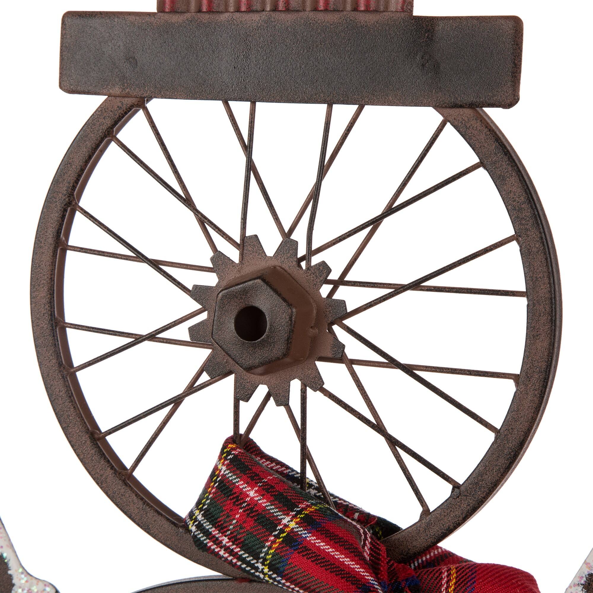 Glitzhome&#xAE; 34&#x22; Metal Bike Wheel Snowman with Plaid Scarf Porch D&#xE9;cor