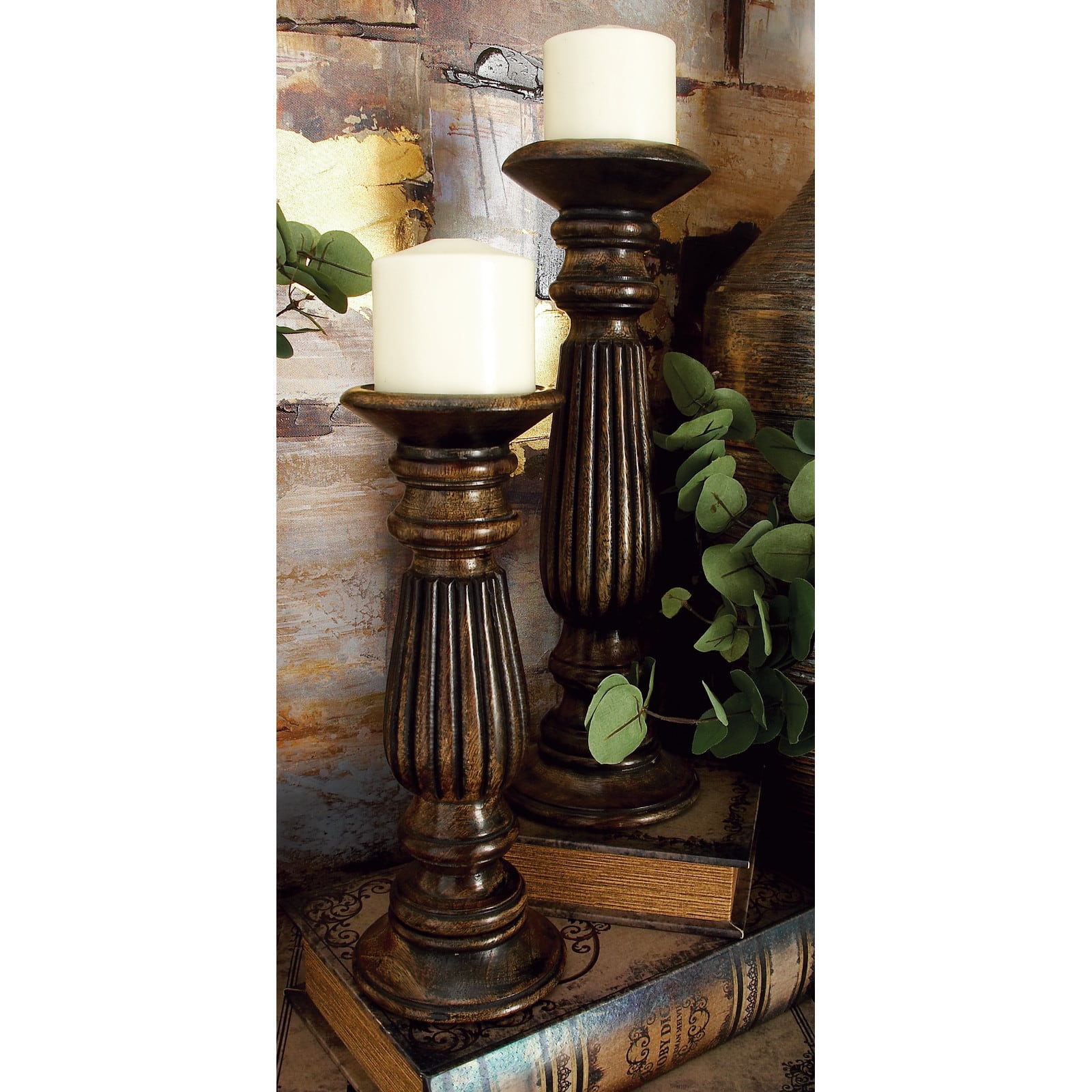 Dark Brown Mango Wood Traditional Candle Holder Set, 3ct.