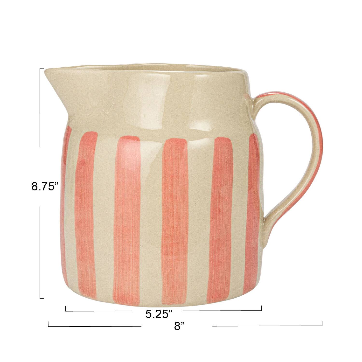 9&#x22; Hand-Painted Wax Relief Pink Sriped Stoneware Pitcher