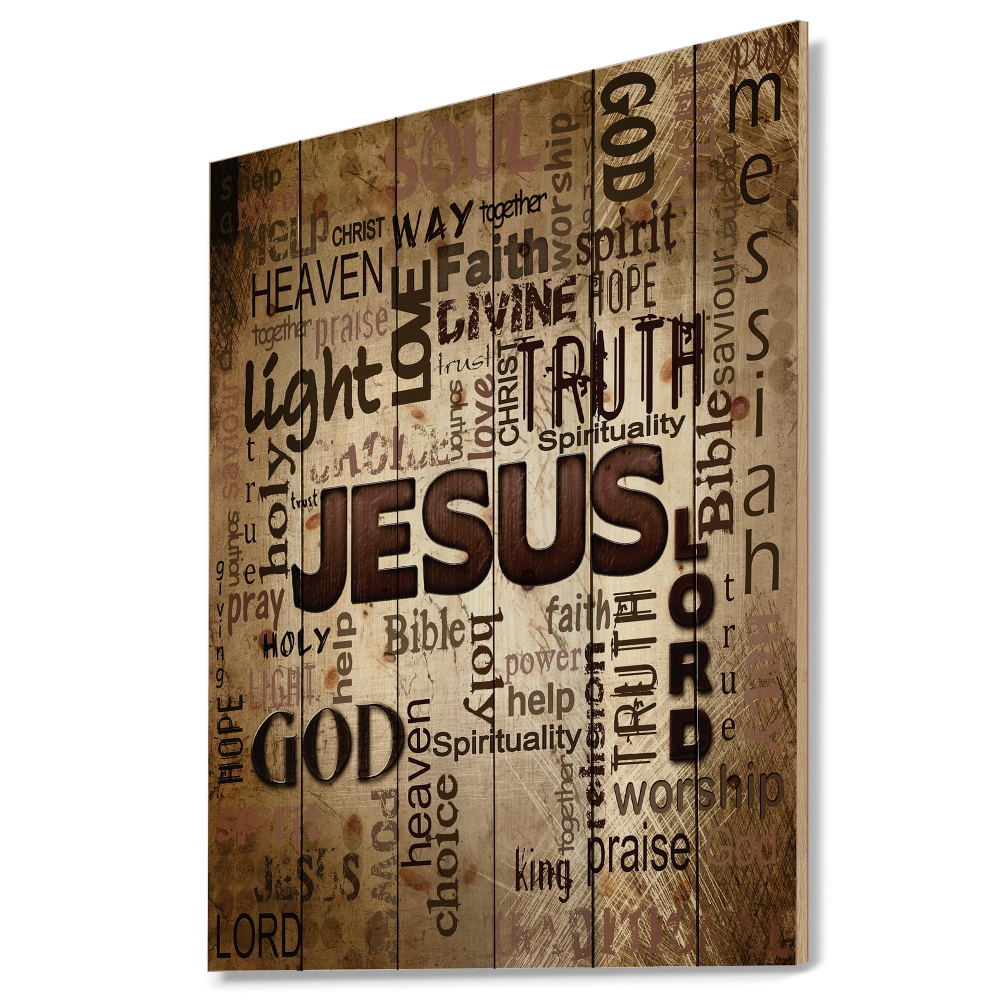 Designart - Jesus&#x27; word cloud in grunge background - Religious Contemporary Print on Natural Pine Wood