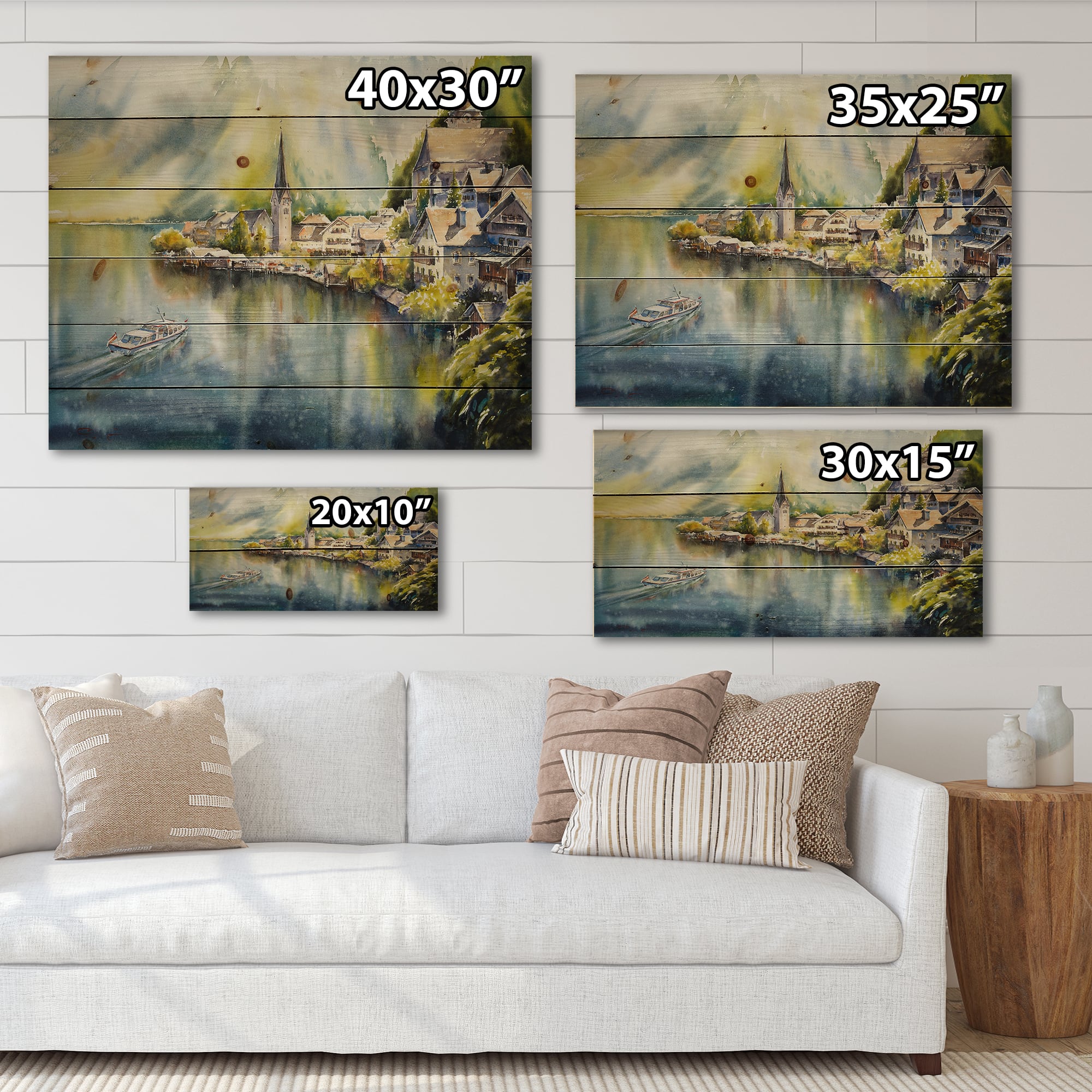 Designart - Mountain Village By The River In Austria - Nautical &#x26; Coastal Print on Natural Pine Wood