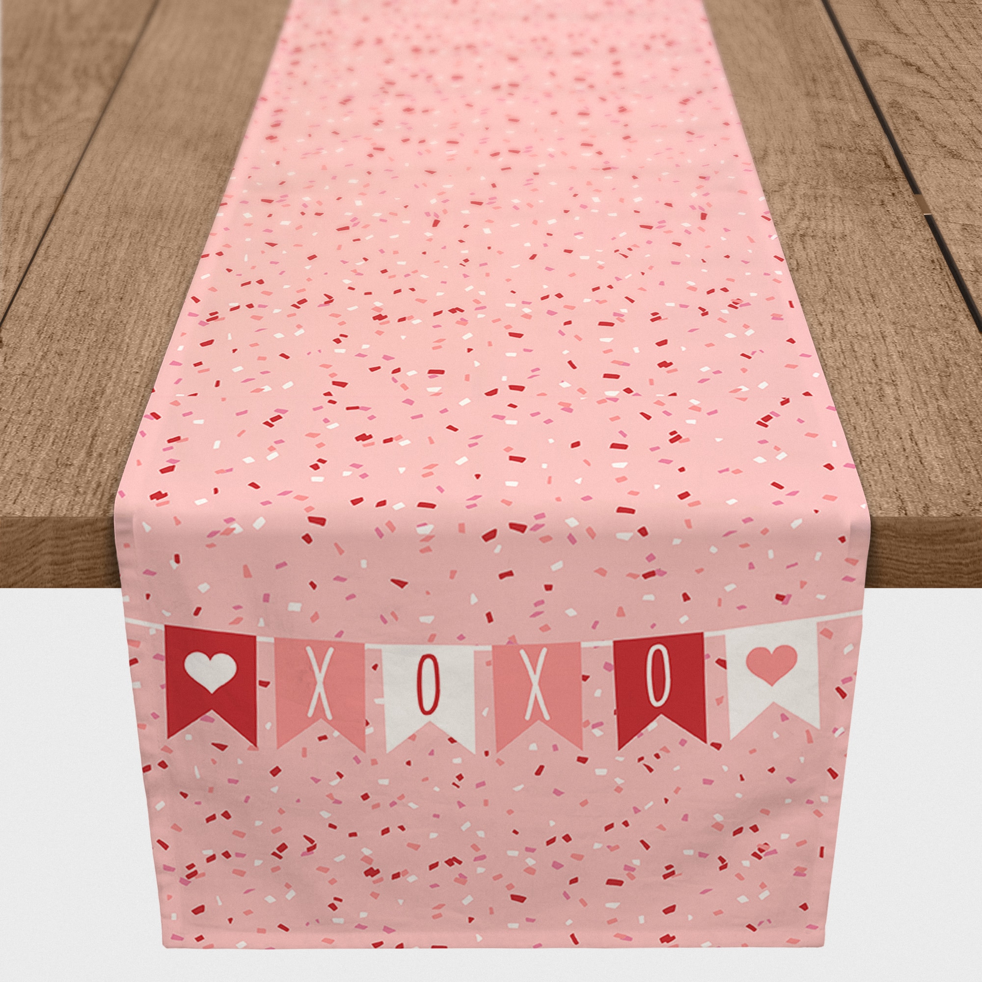 72" Red, Pink & White Confetti Banner Poly Twill Table Runner