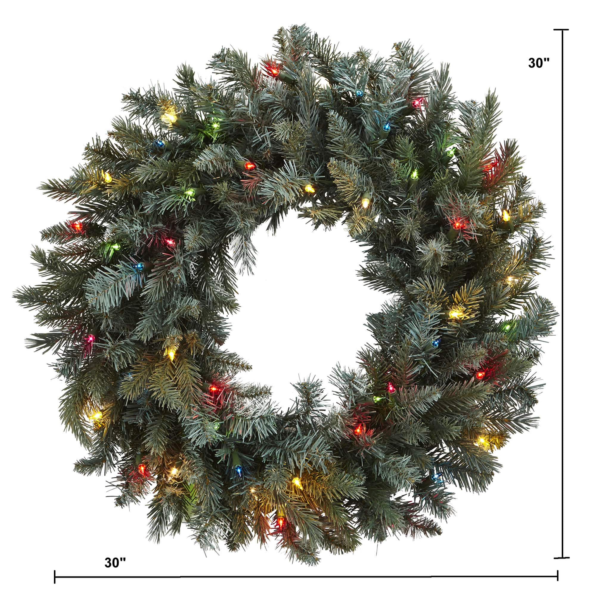 30” Pre-Lit Pine Wreath with Colored Lights